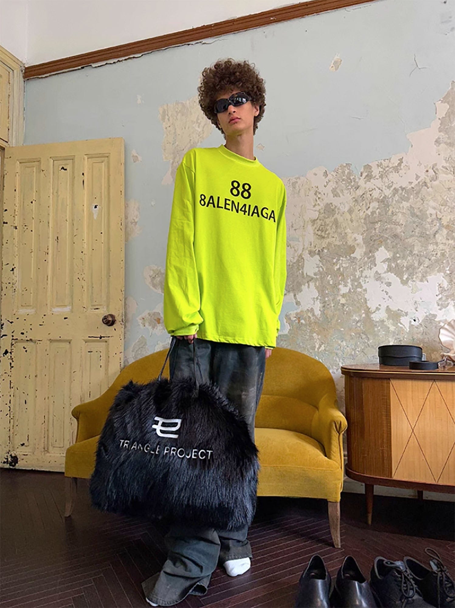 TRIANGLE PROJECT Fluffy Faux Fur LOGO Embroidery Oversized Tote
