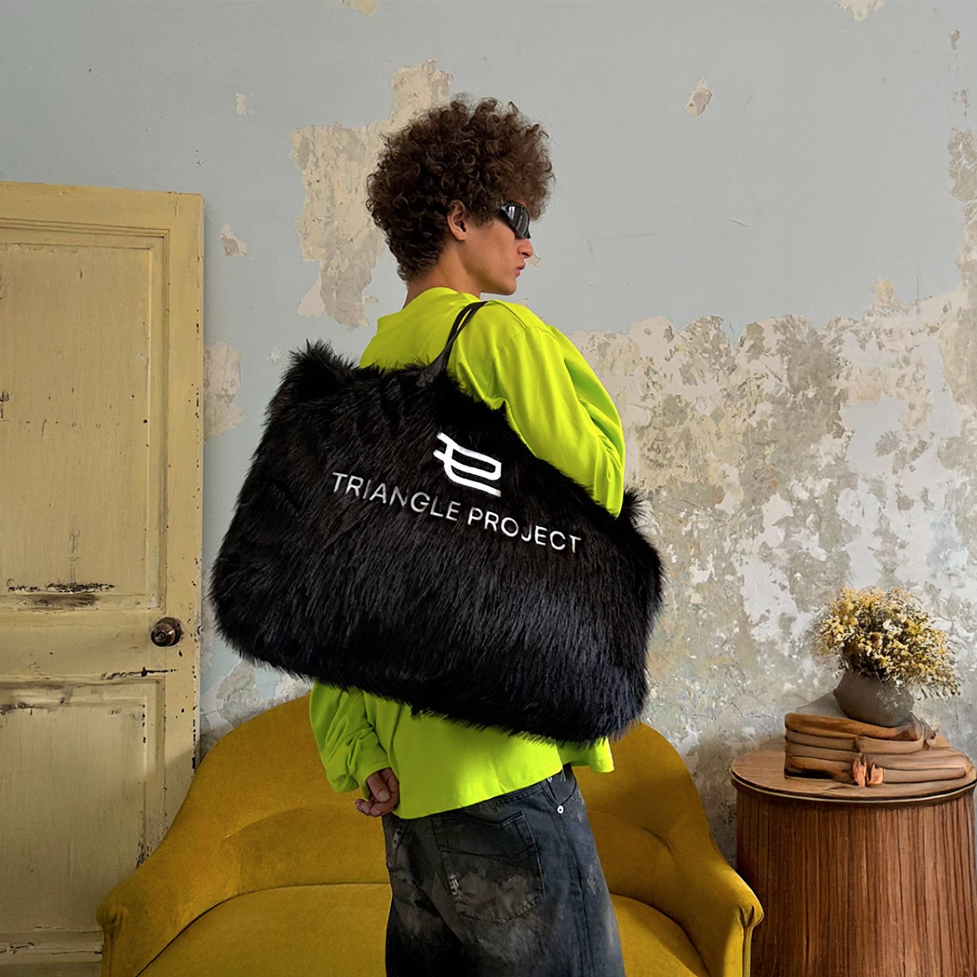 TRIANGLE PROJECT Fluffy Faux Fur LOGO Embroidery Oversized Tote