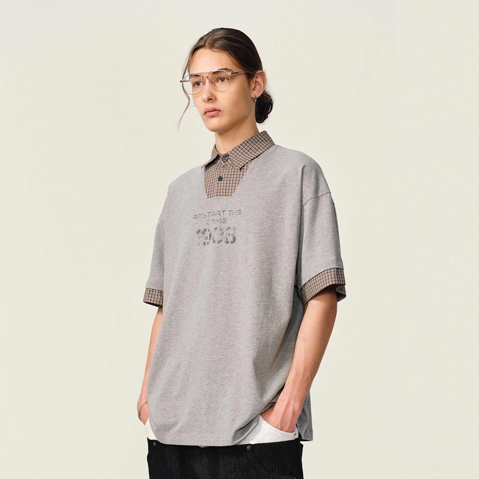 OVDY Layered Plaid Panel Mock Shirt T-Shirt