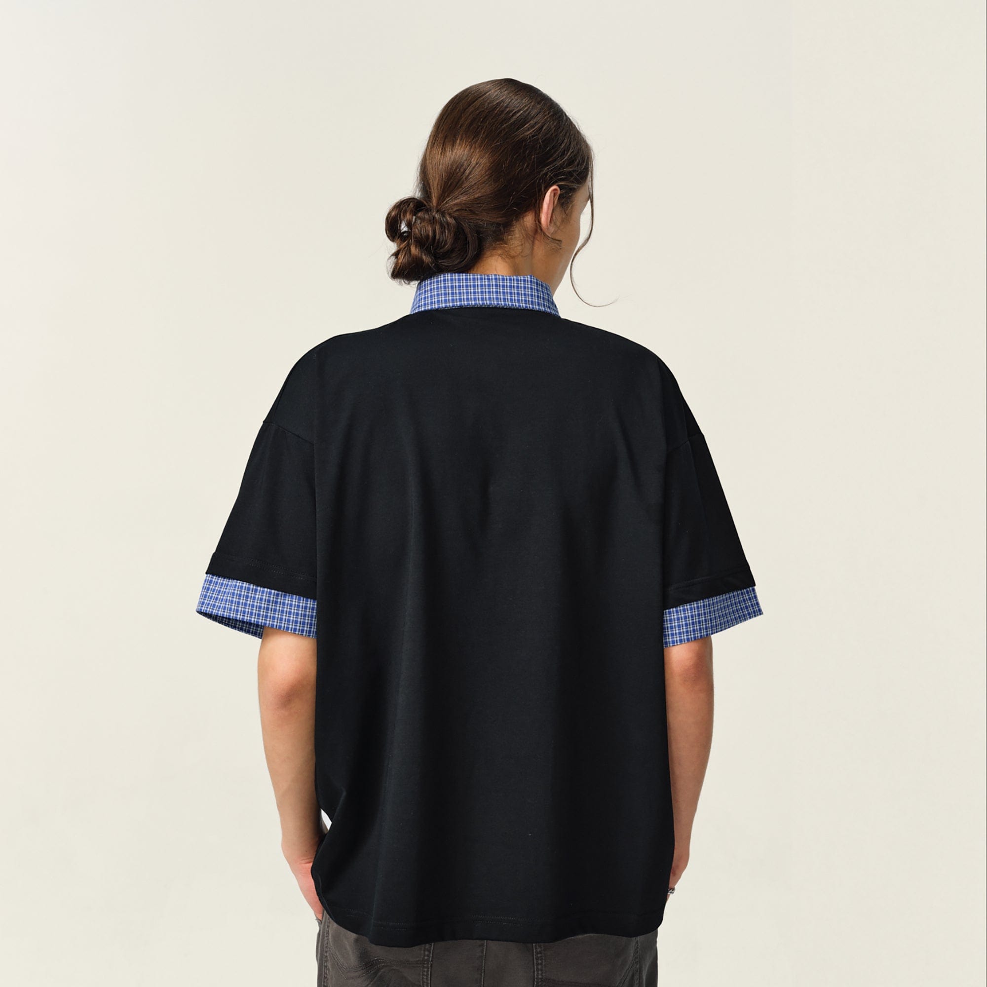 OVDY Layered Plaid Panel Mock Shirt T-Shirt