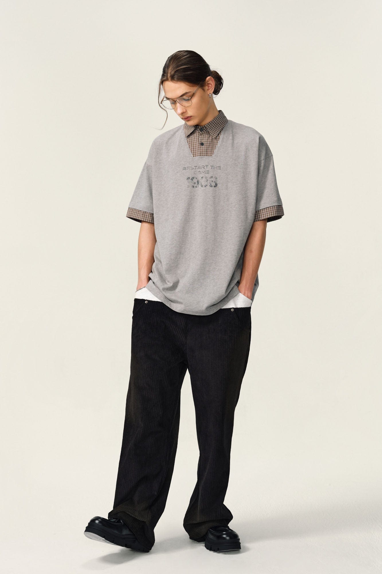 OVDY Layered Plaid Panel Mock Shirt T-Shirt