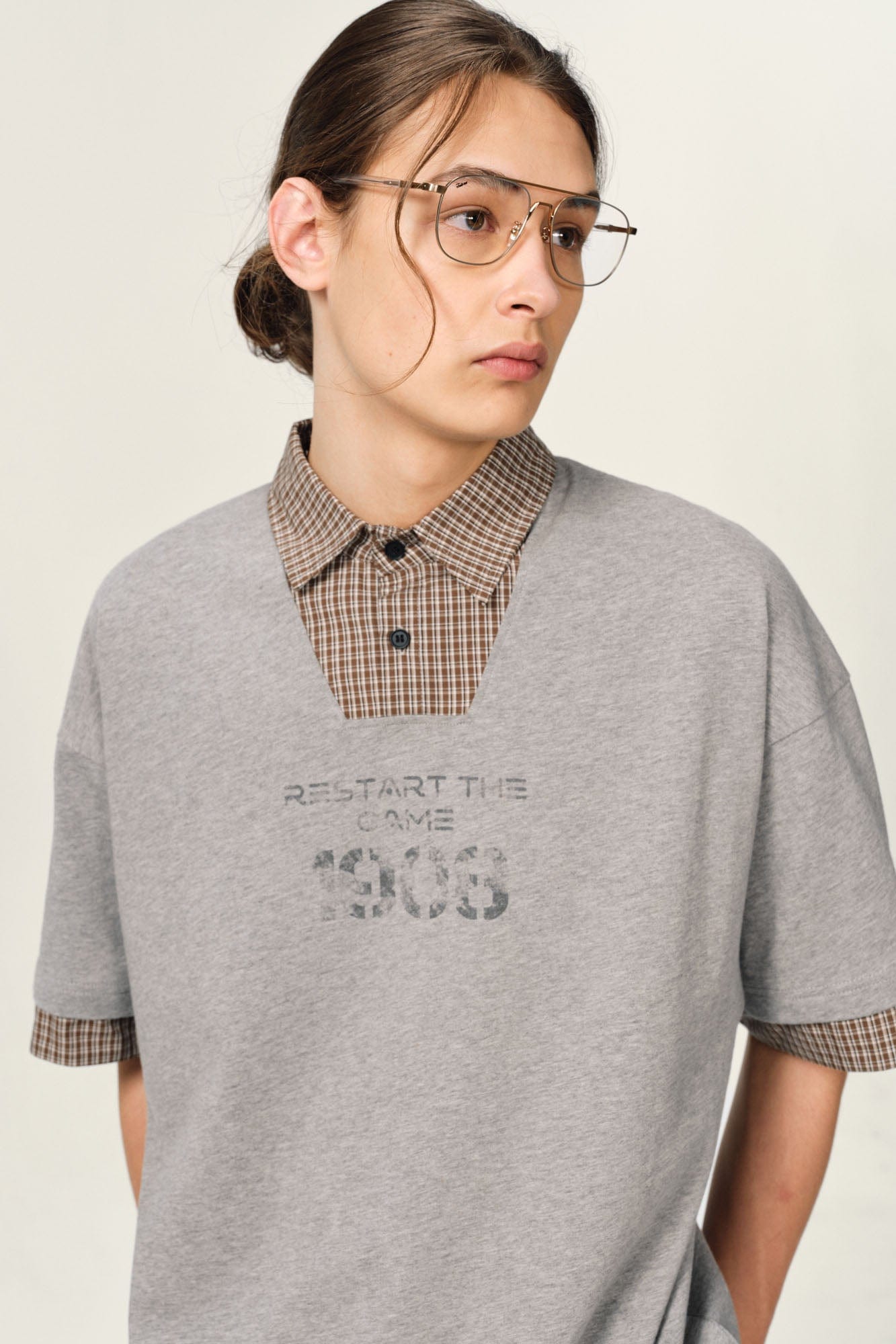 OVDY Layered Plaid Panel Mock Shirt T-Shirt