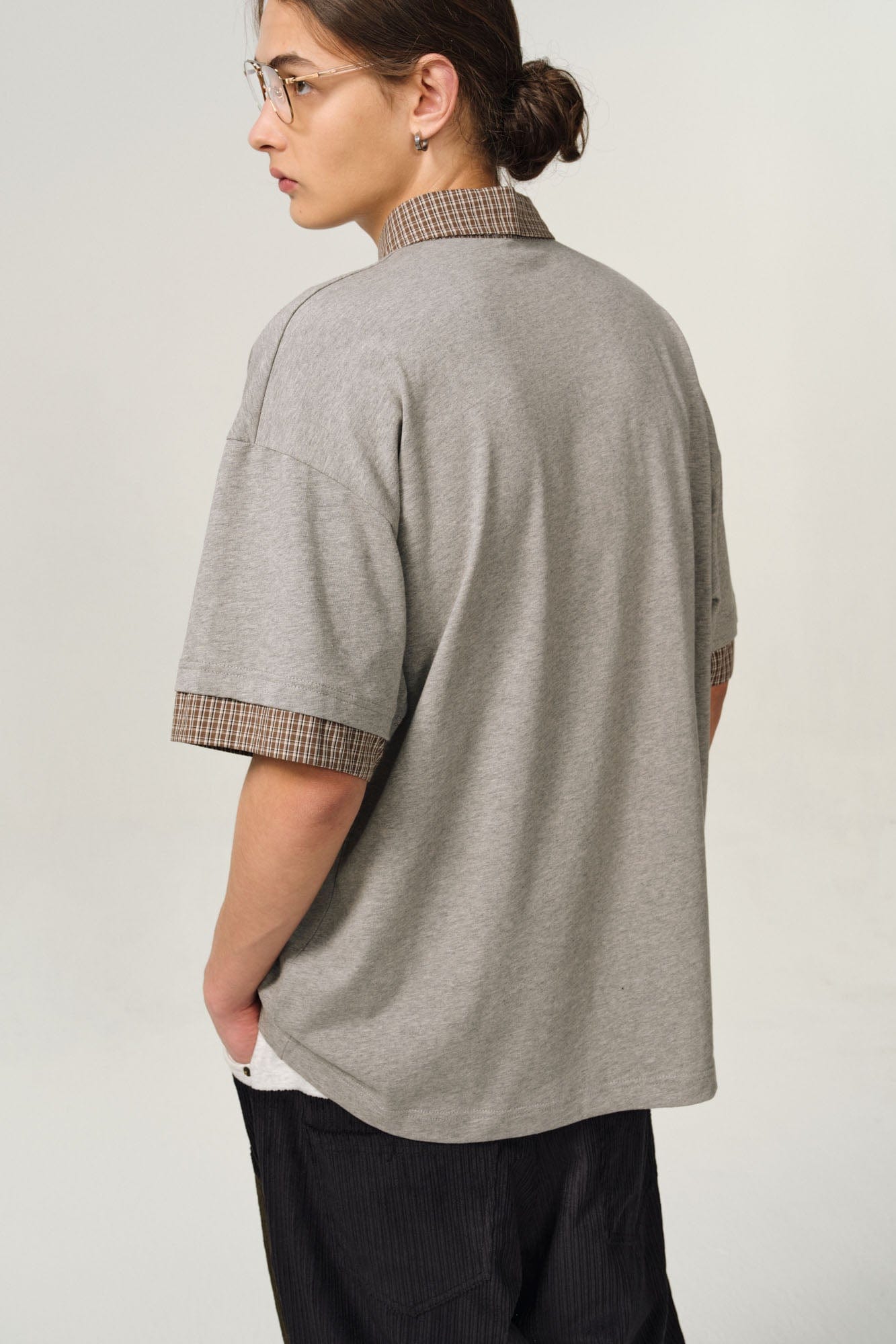 OVDY Layered Plaid Panel Mock Shirt T-Shirt