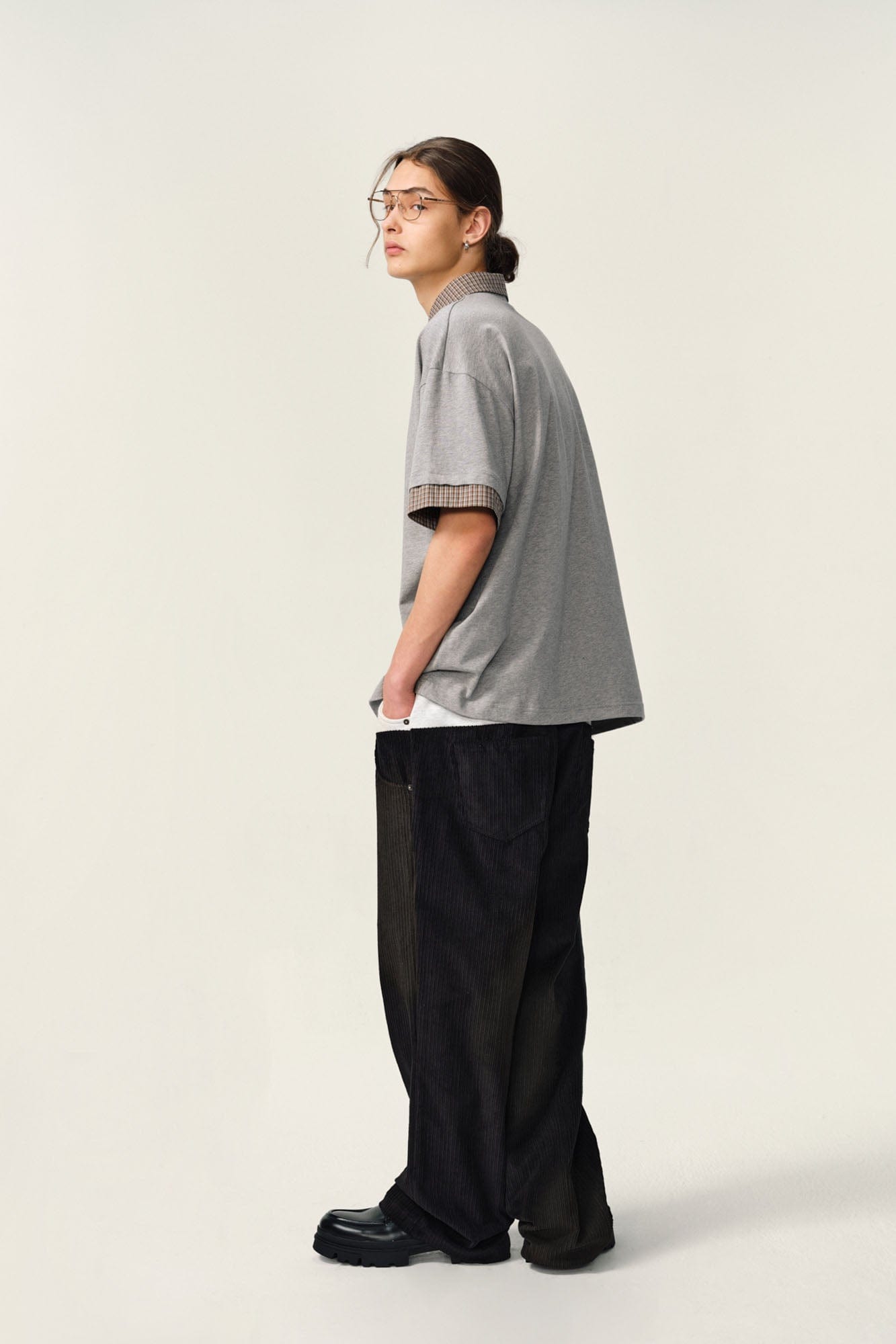 OVDY Layered Plaid Panel Mock Shirt T-Shirt