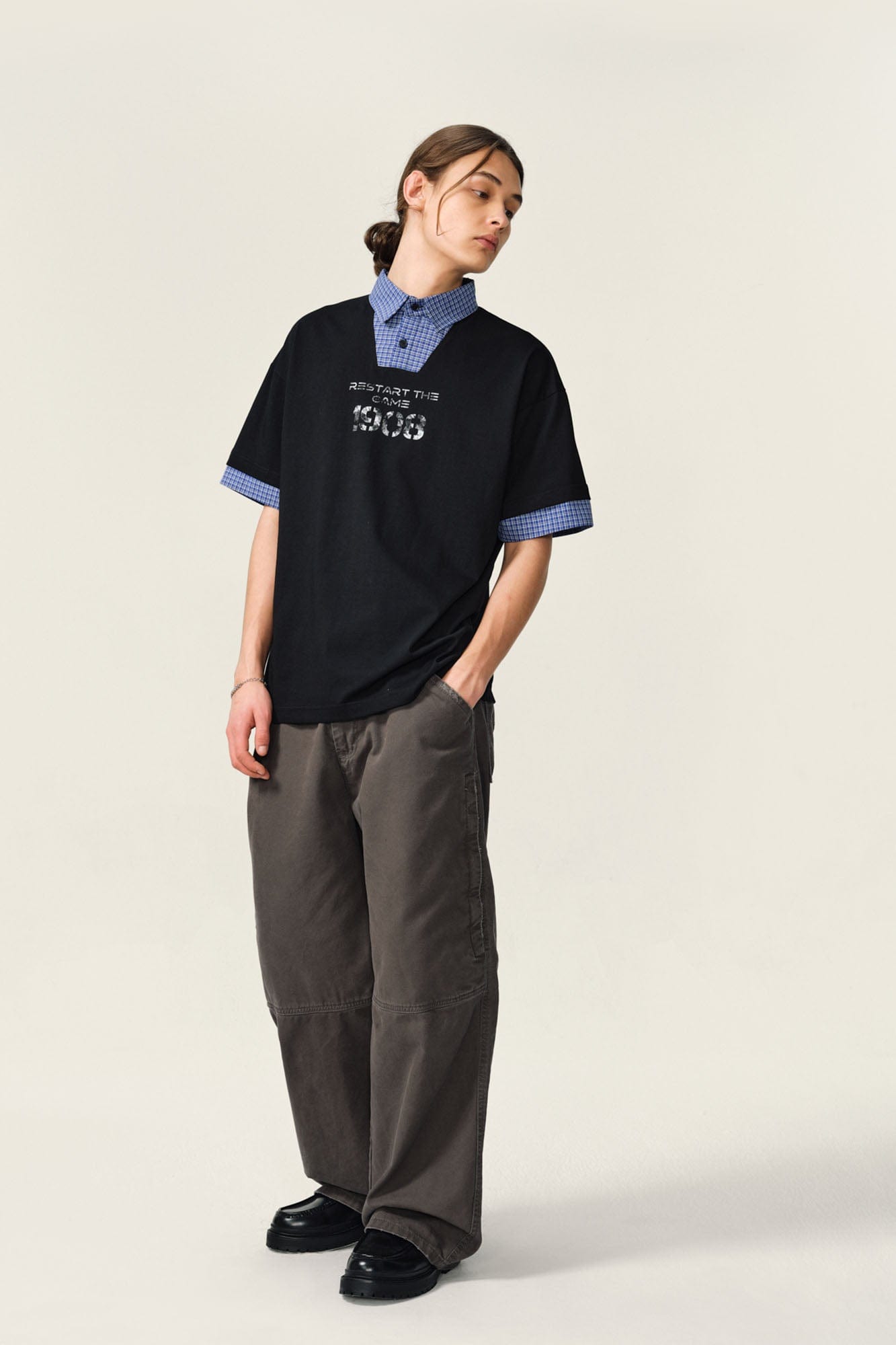 OVDY Layered Plaid Panel Mock Shirt T-Shirt