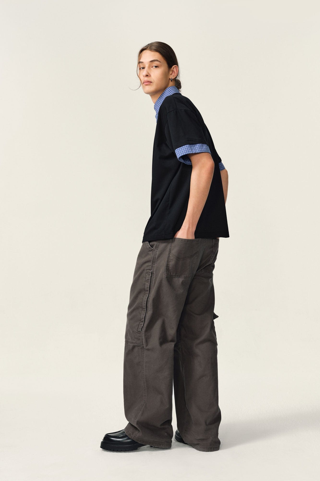 OVDY Layered Plaid Panel Mock Shirt T-Shirt