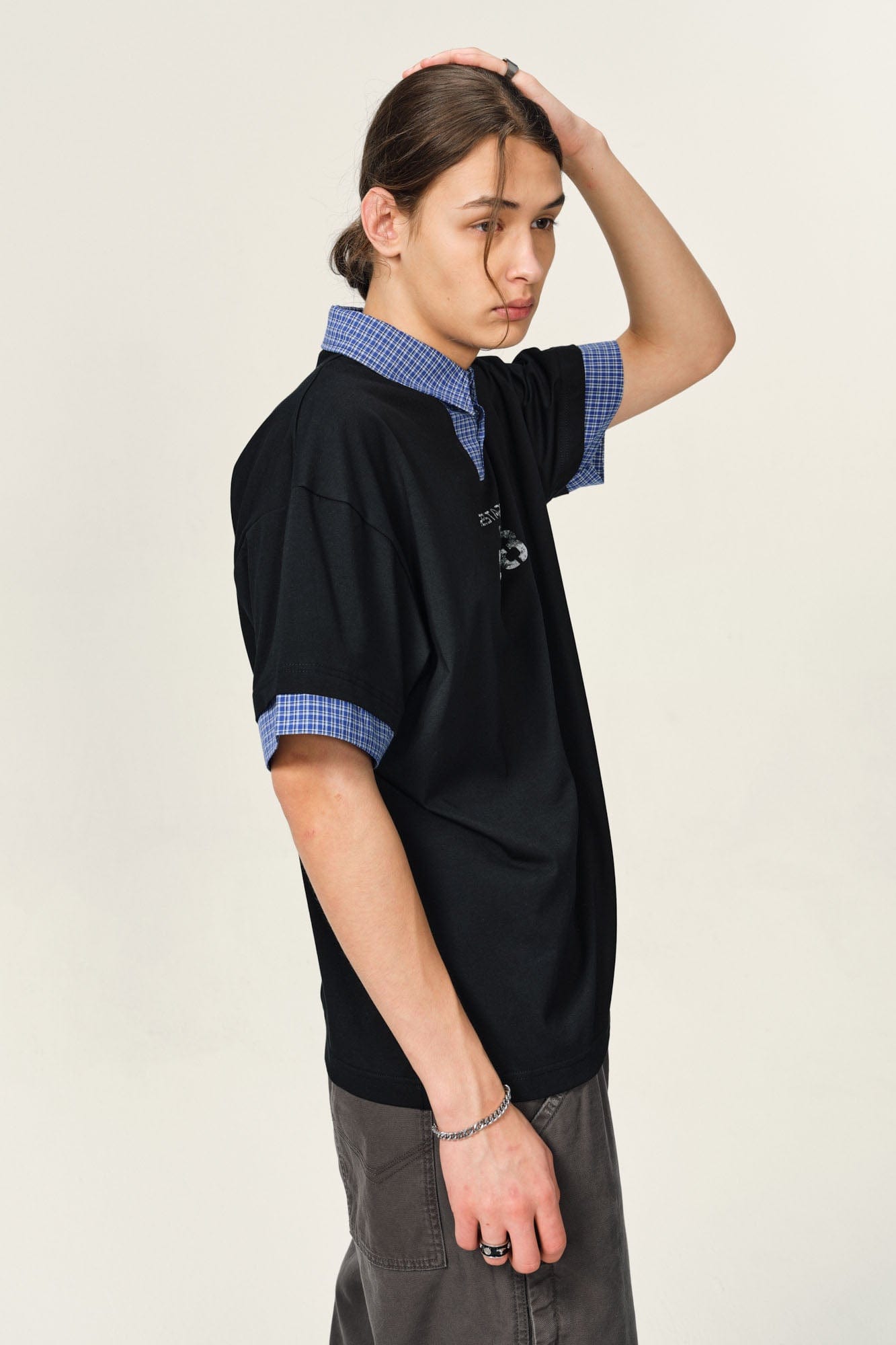 OVDY Layered Plaid Panel Mock Shirt T-Shirt