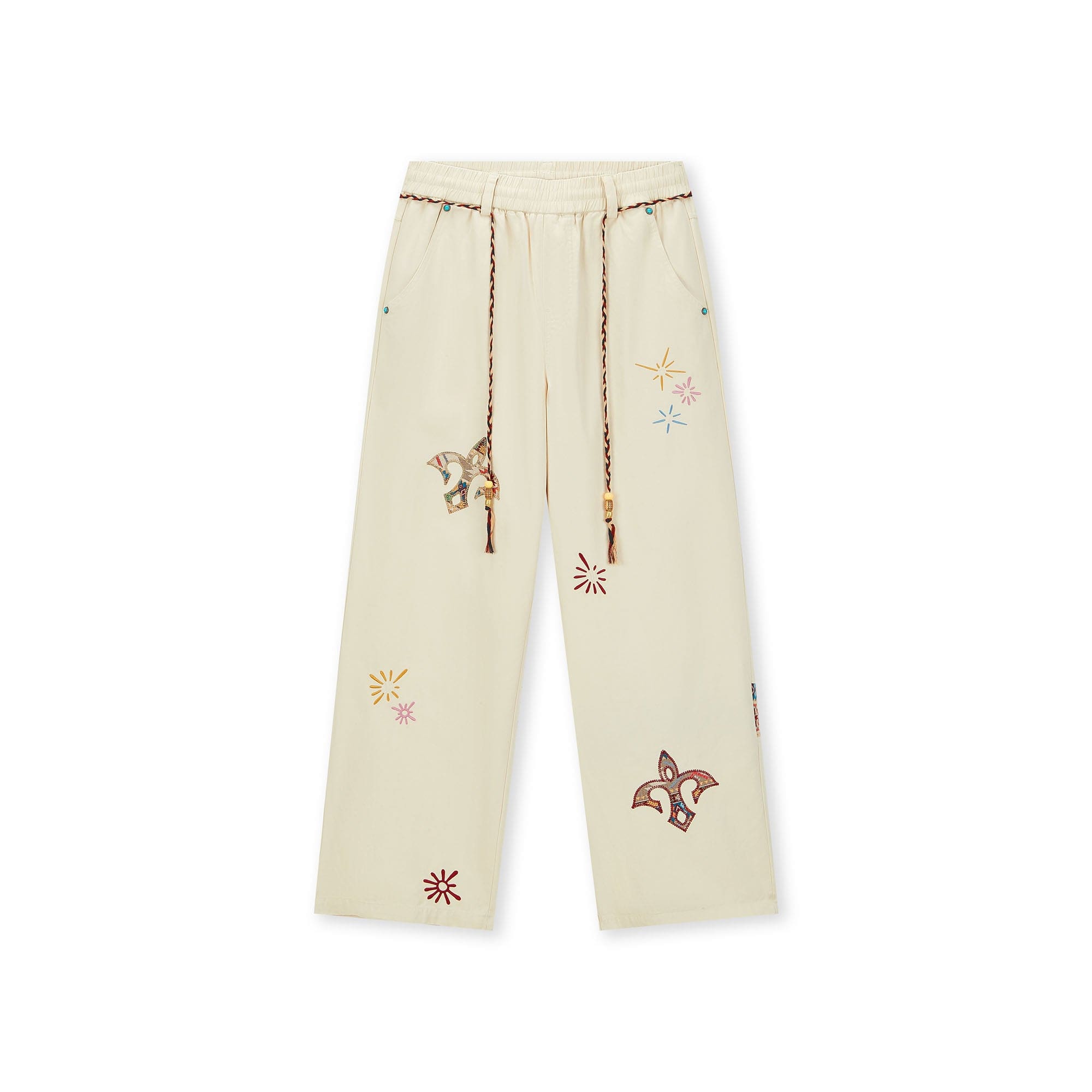 BONELESS Ethnic Embroidered Webbing Beaded Drawstring Pants