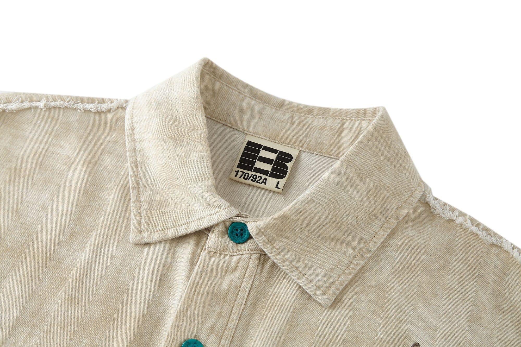 BONELESS Distressed Turquoise-Button Frayed-Hem Half Shirt