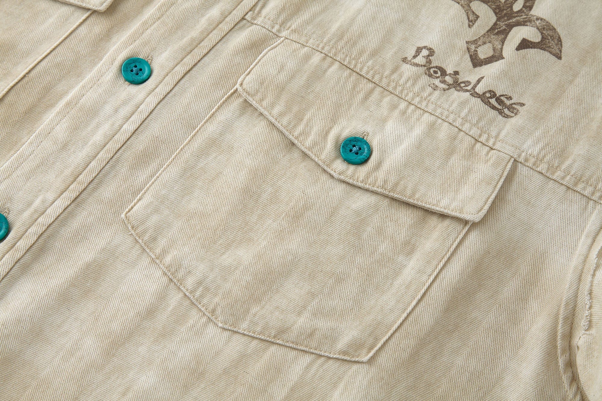 BONELESS Distressed Turquoise-Button Frayed-Hem Half Shirt