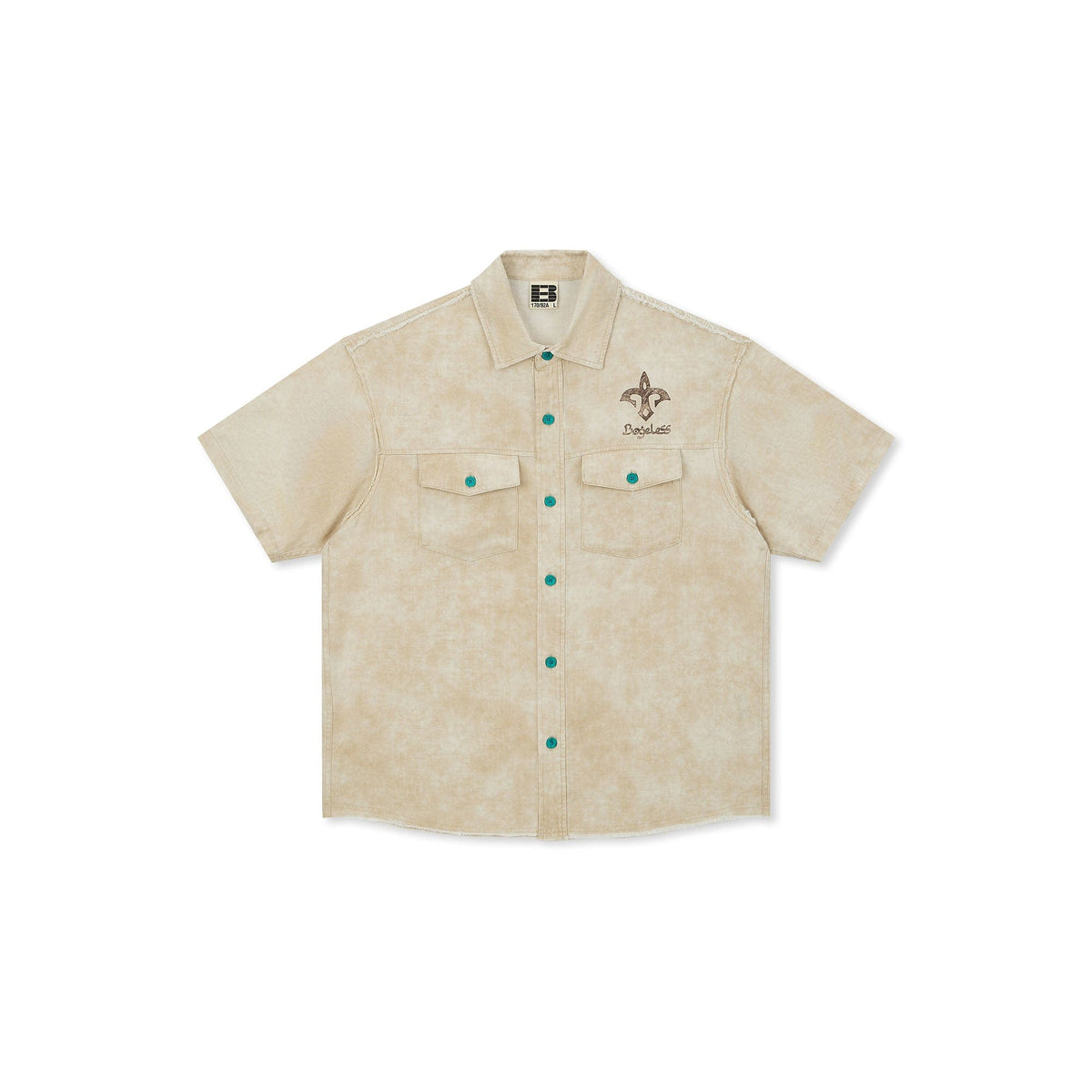 BONELESS Distressed Turquoise-Button Frayed-Hem Half Shirt