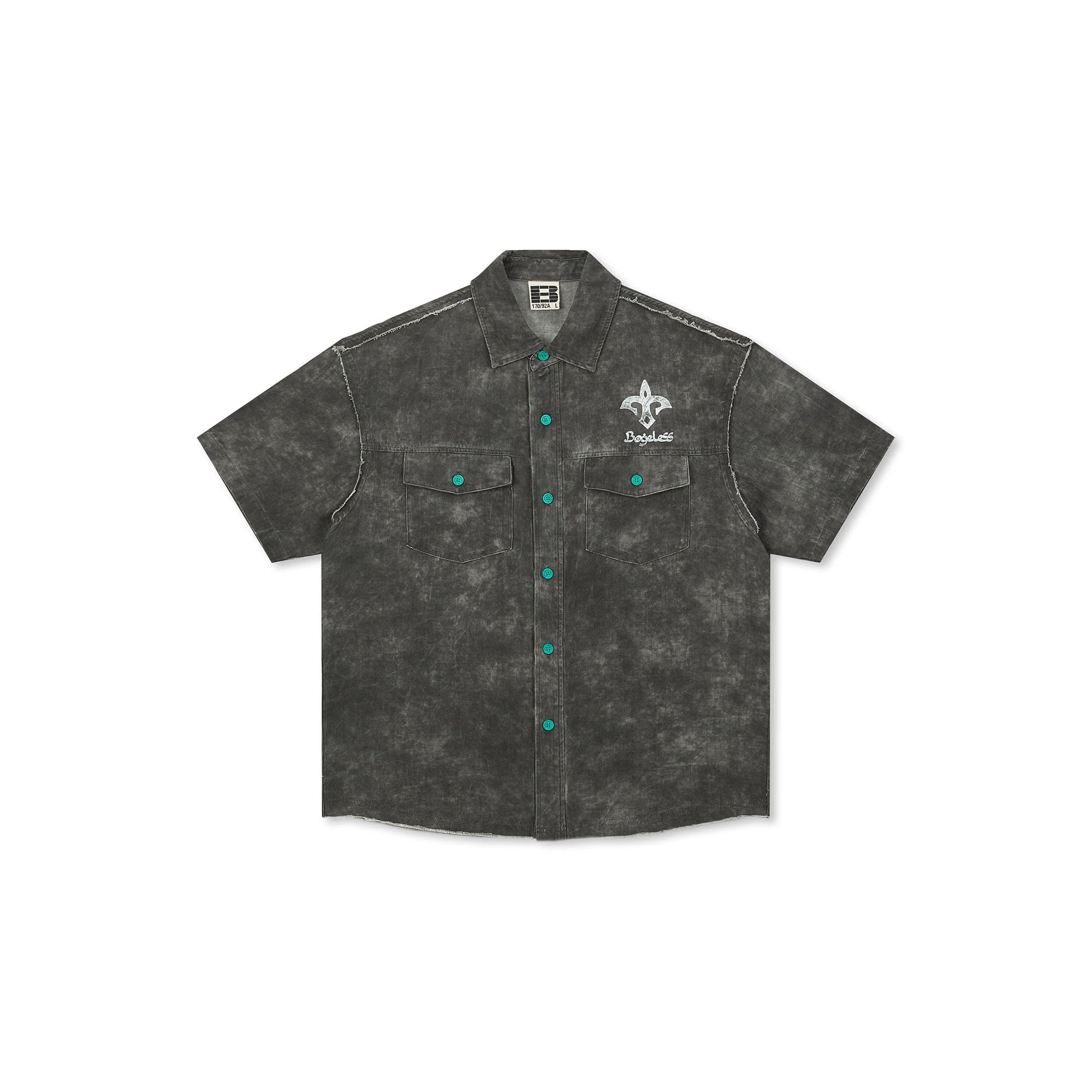BONELESS Distressed Turquoise-Button Frayed-Hem Half Shirt
