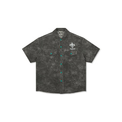 BONELESS Distressed Turquoise-Button Frayed-Hem Half Shirt