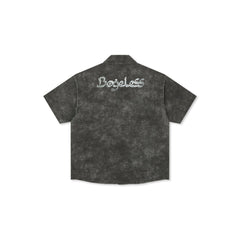 BONELESS Distressed Turquoise-Button Frayed-Hem Half Shirt