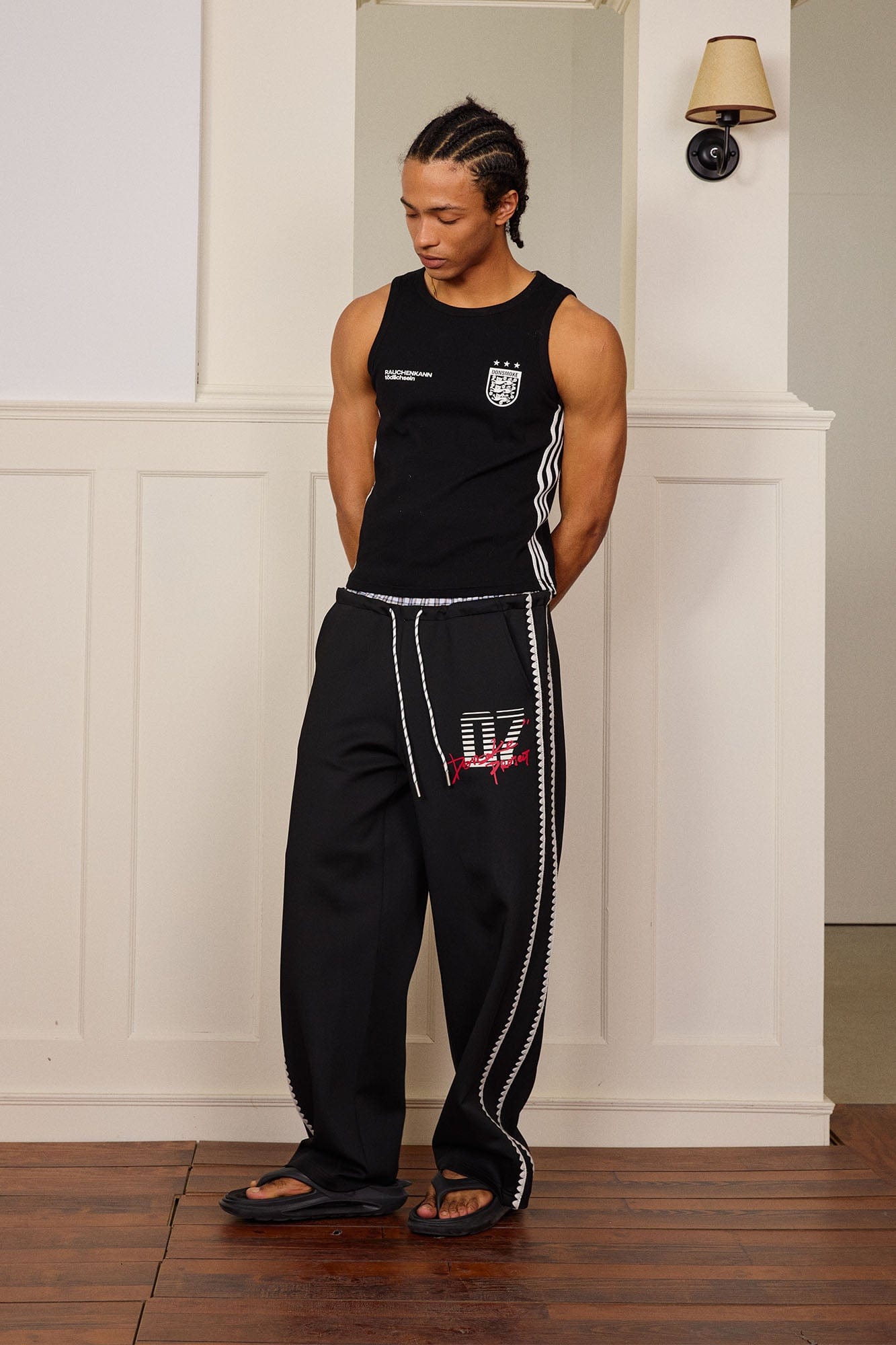 DONSMOKE Plaid Double-Waist Contrast Webbing Sweatpants