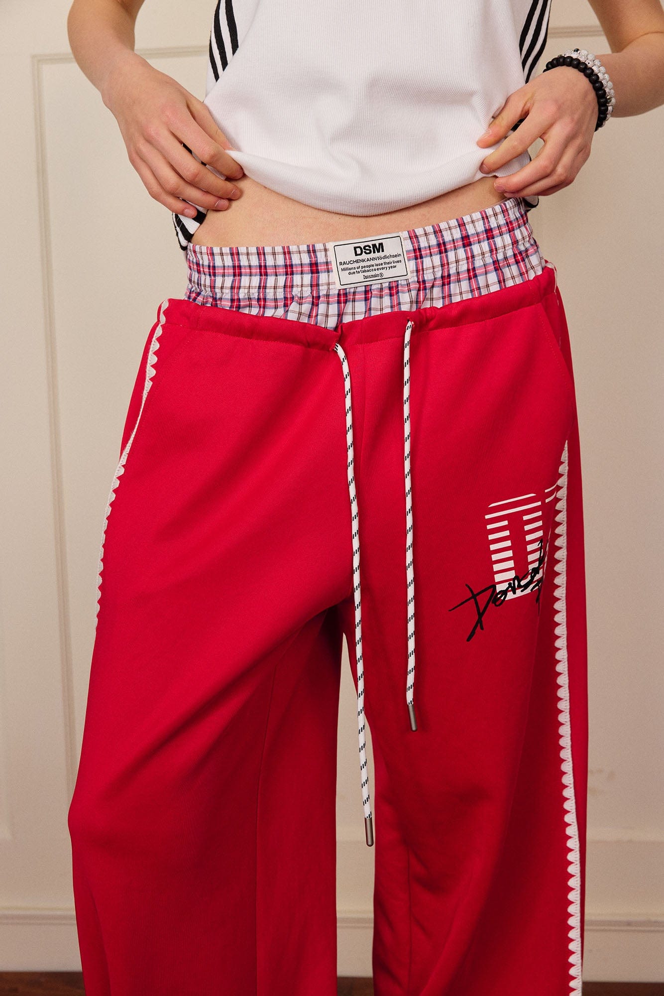 DONSMOKE Plaid Double-Waist Contrast Webbing Sweatpants