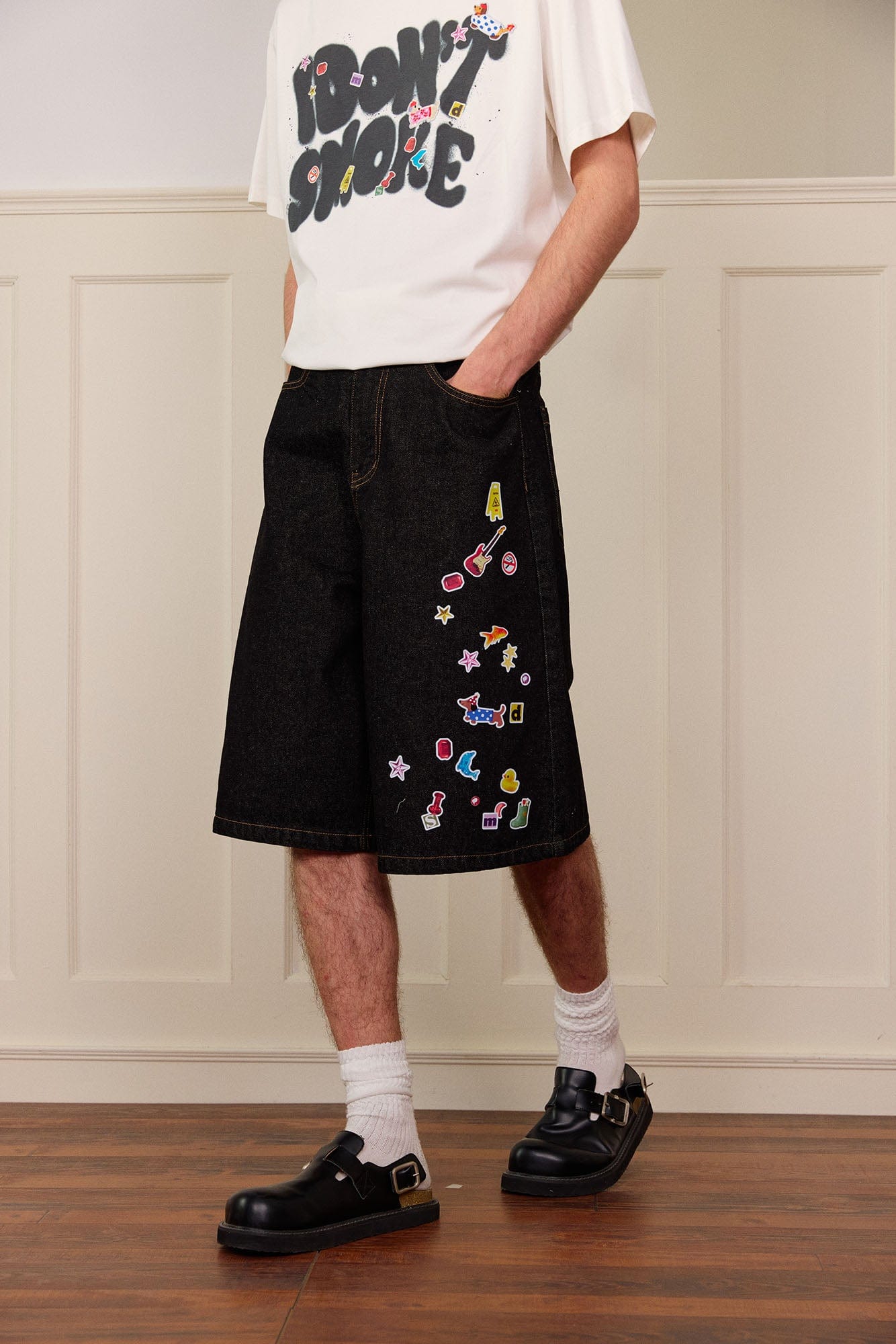 DONSMOKE Whimsical Stickers Washed Raw-Edge Shorts