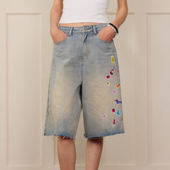 DONSMOKE Whimsical Stickers Washed Raw-Edge Shorts