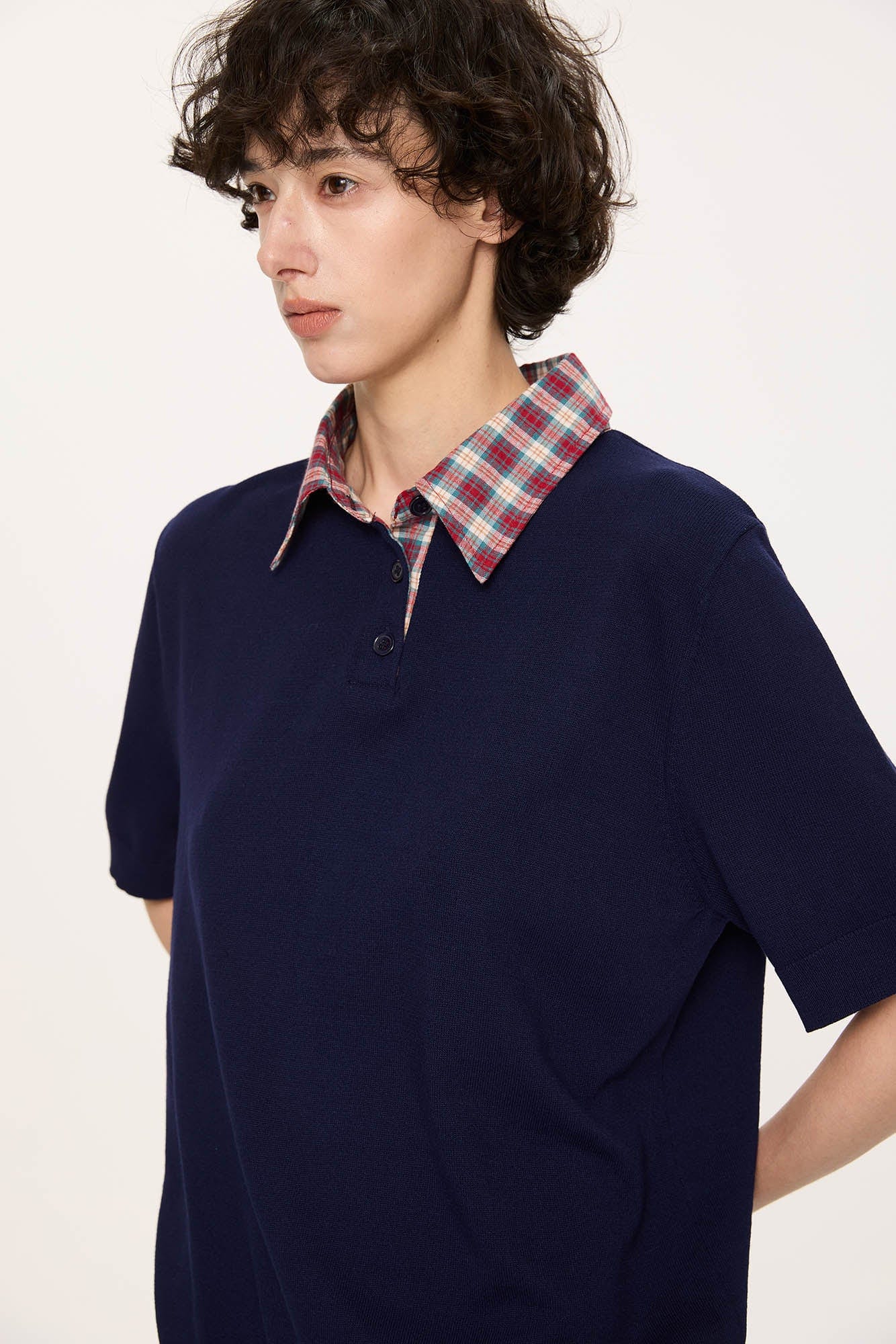KREATE Preppy Spliced Plaid Collar Knit Polo