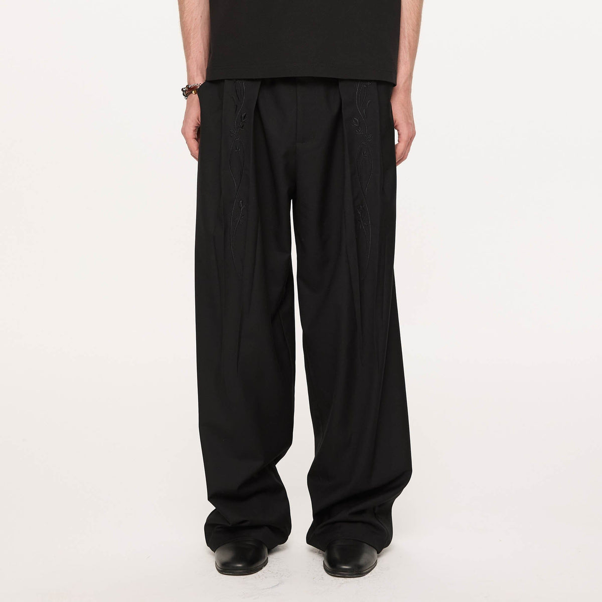 KREATE Rose Embroidered Pleated Straight-Leg Trousers
