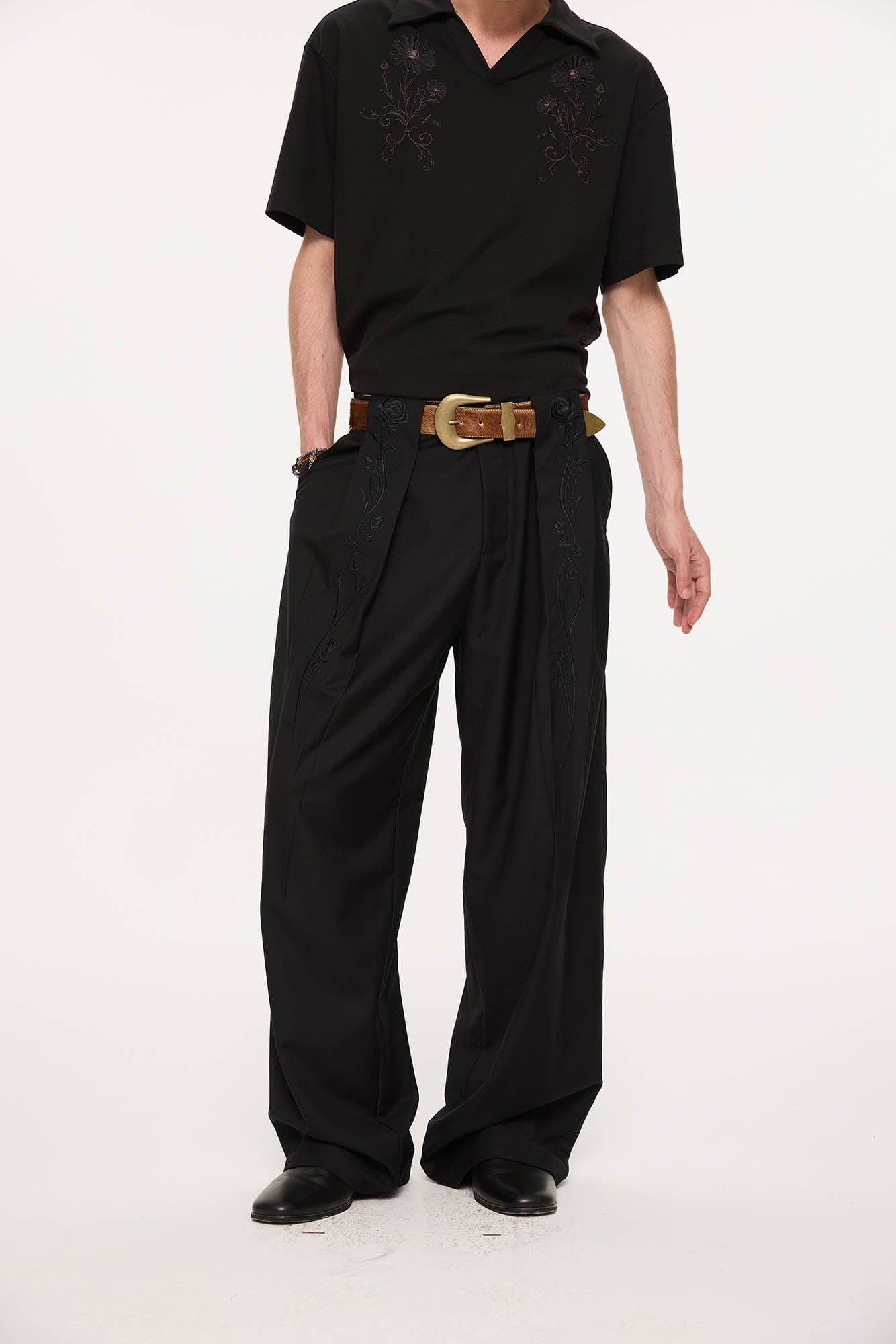 KREATE Rose Embroidered Pleated Straight-Leg Trousers