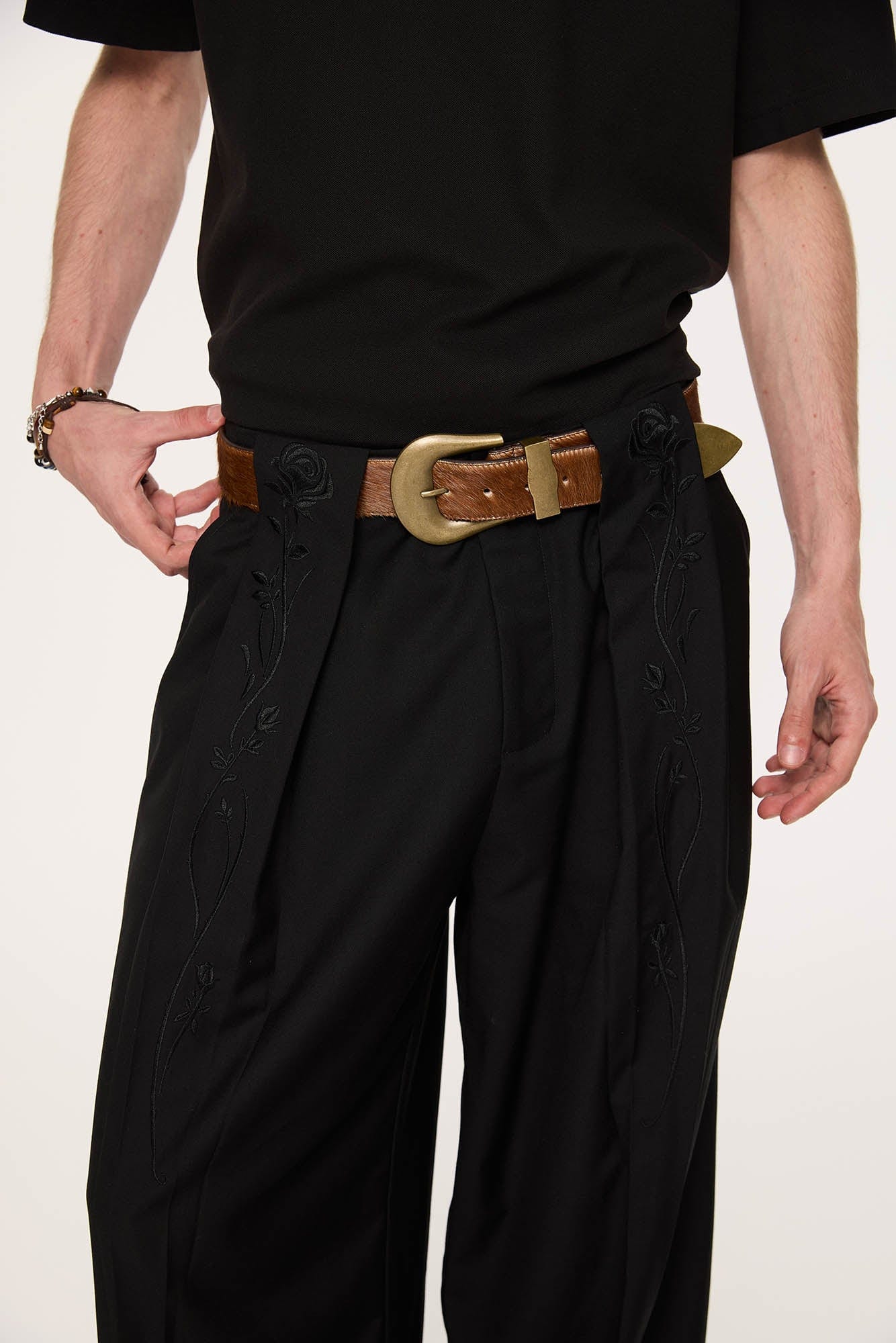 KREATE Rose Embroidered Pleated Straight-Leg Trousers