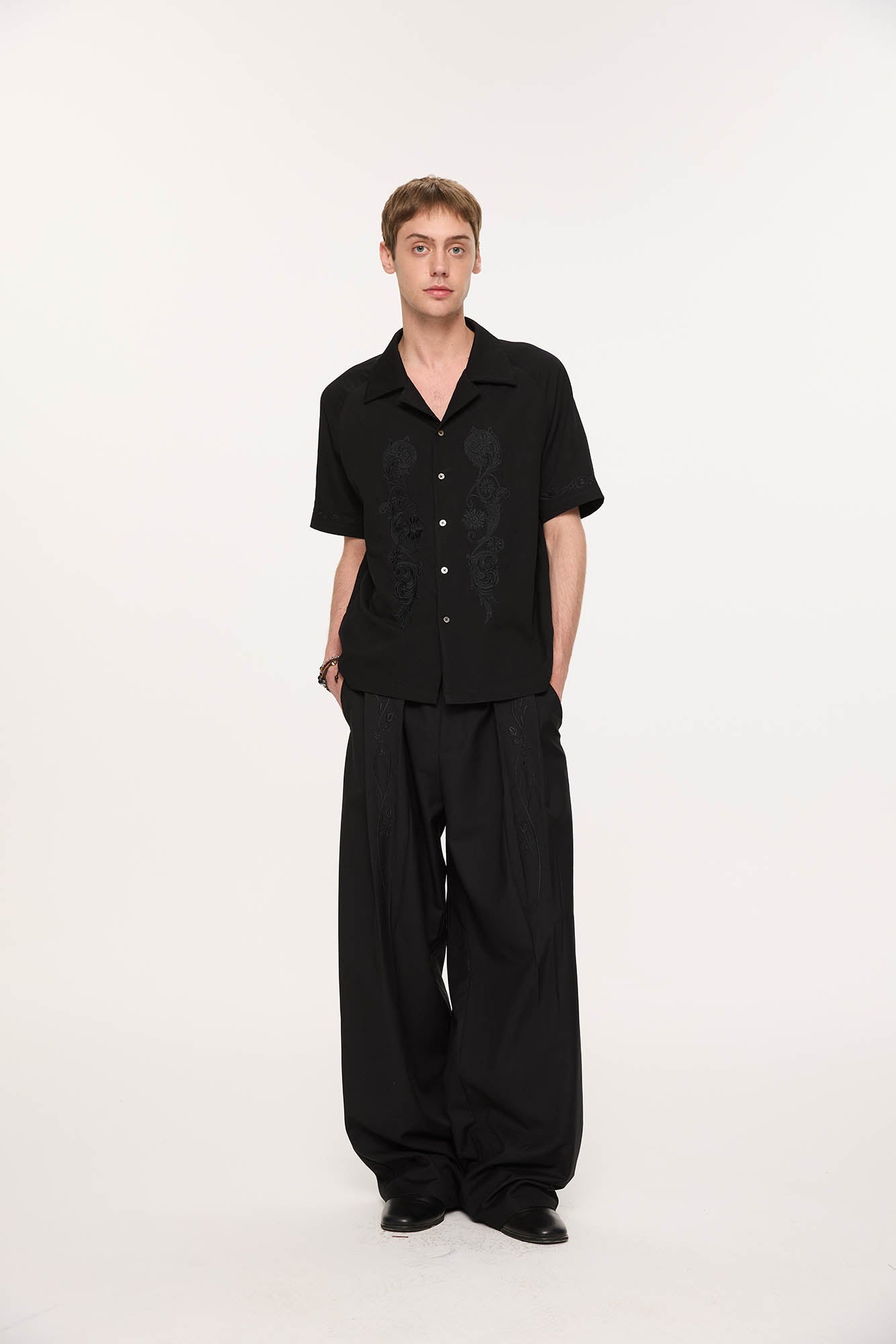 KREATE Rose Embroidered Pleated Straight-Leg Trousers