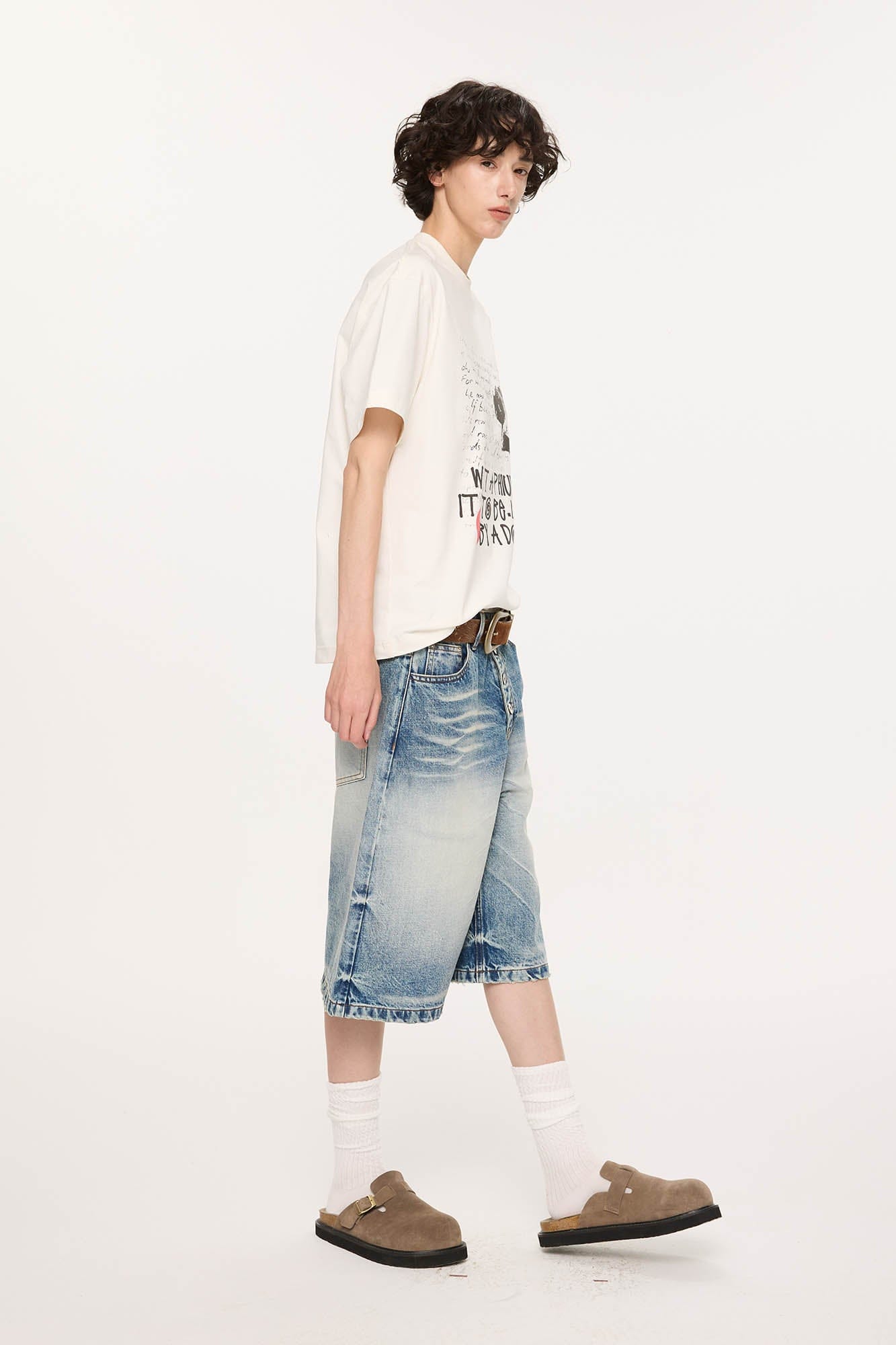 KREATE Retro Washed Button-Up Fuji-San Denim Shorts