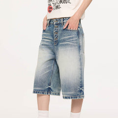 KREATE Retro Washed Button-Up Fuji-San Denim Shorts