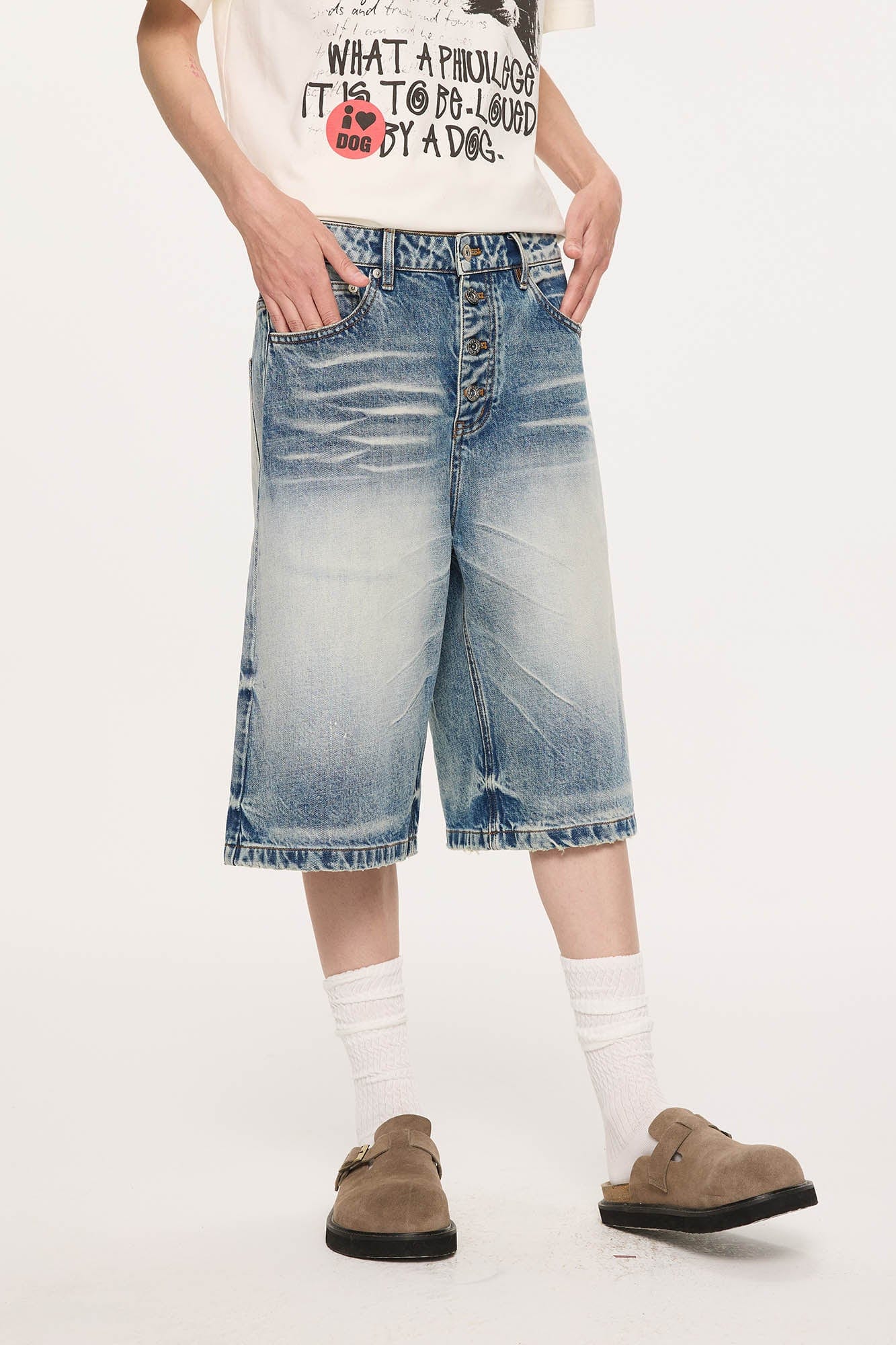 KREATE Retro Washed Button-Up Fuji-San Denim Shorts