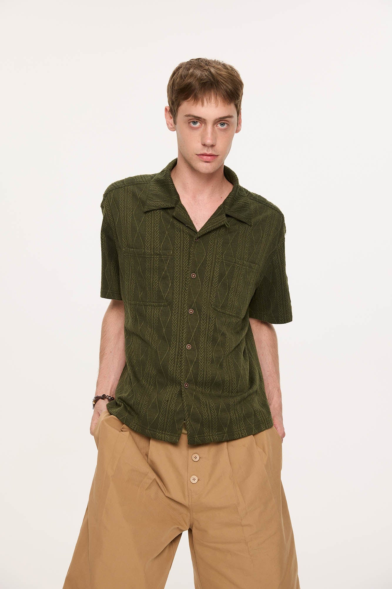 KREATE Cable-Jacquard Pocket Cuban Half Shirt