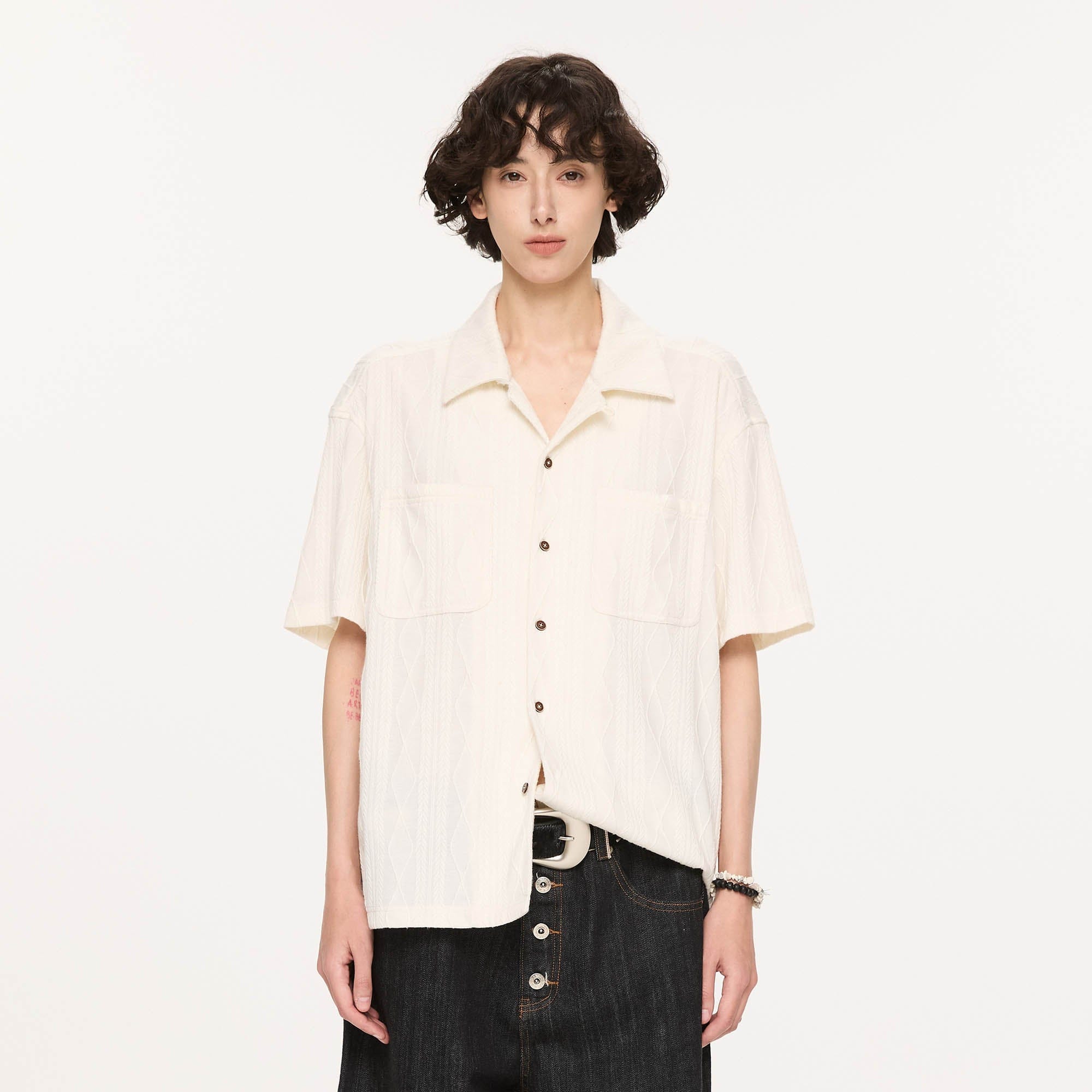 KREATE Cable-Jacquard Pocket Cuban Half Shirt