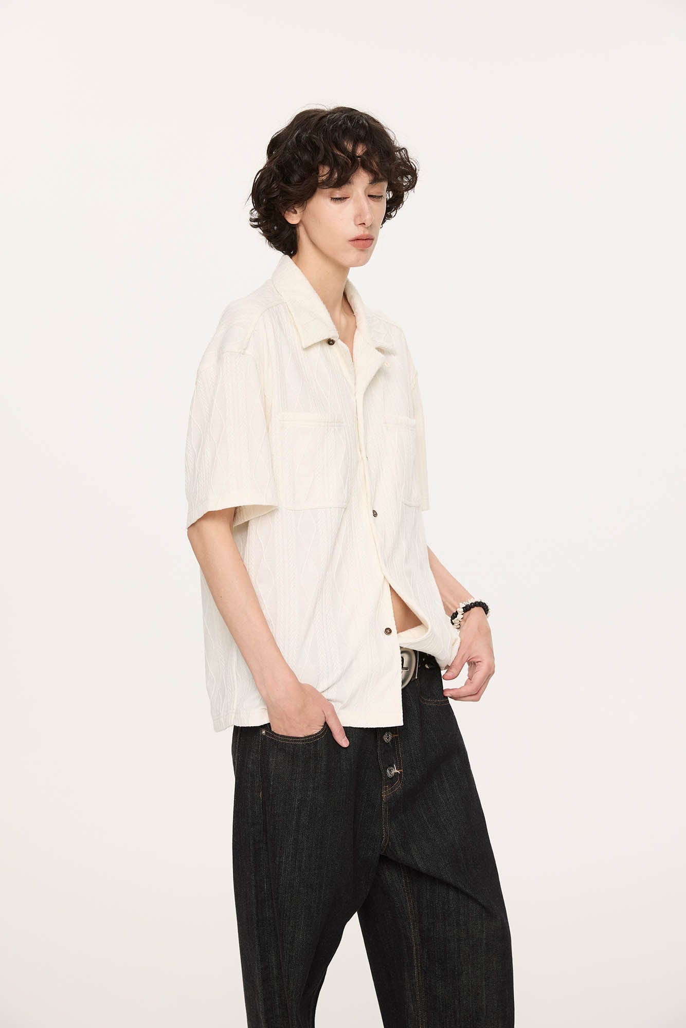 KREATE Cable-Jacquard Pocket Cuban Half Shirt