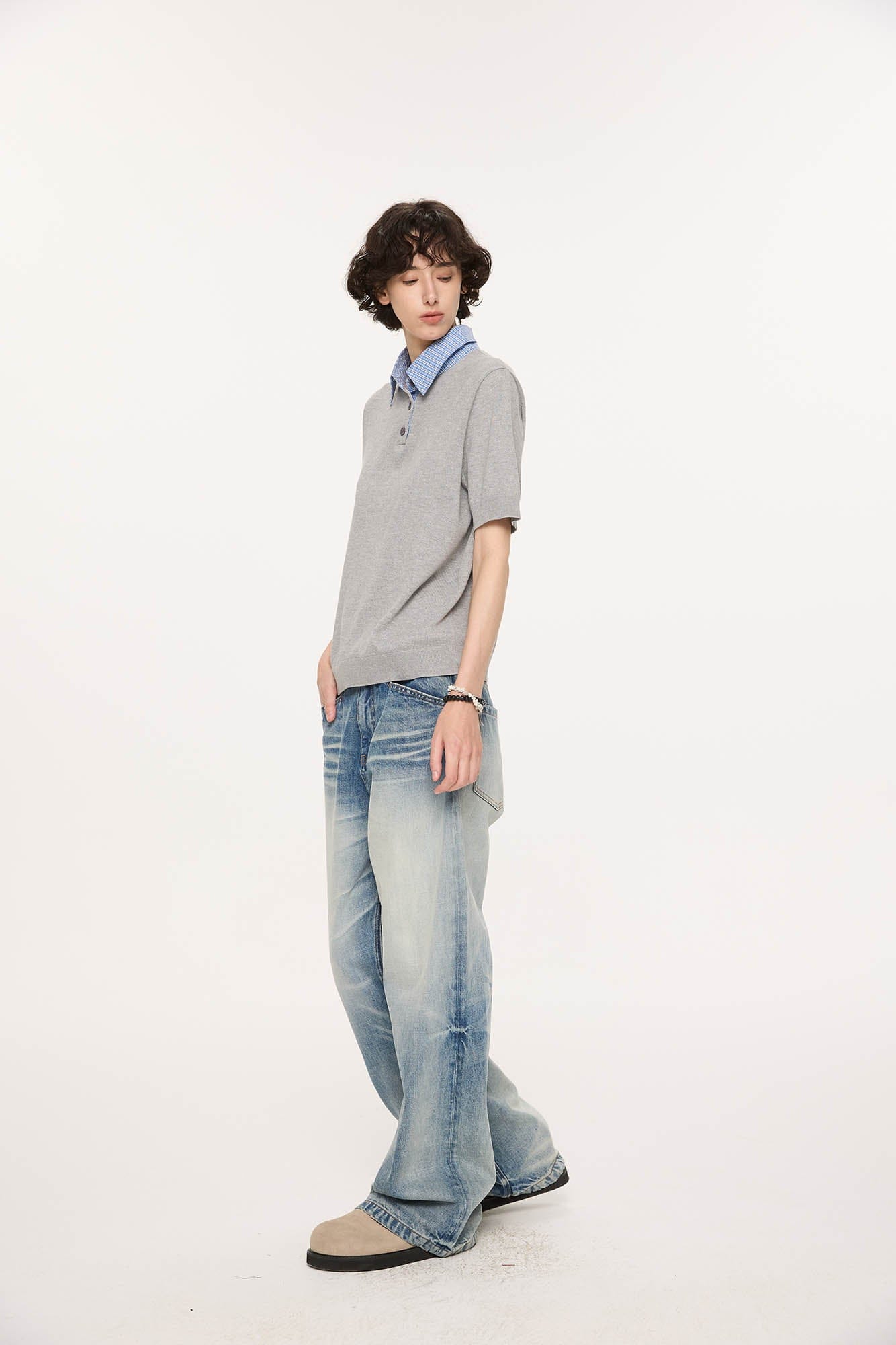 KREATE Preppy Spliced Plaid Collar Knit Polo