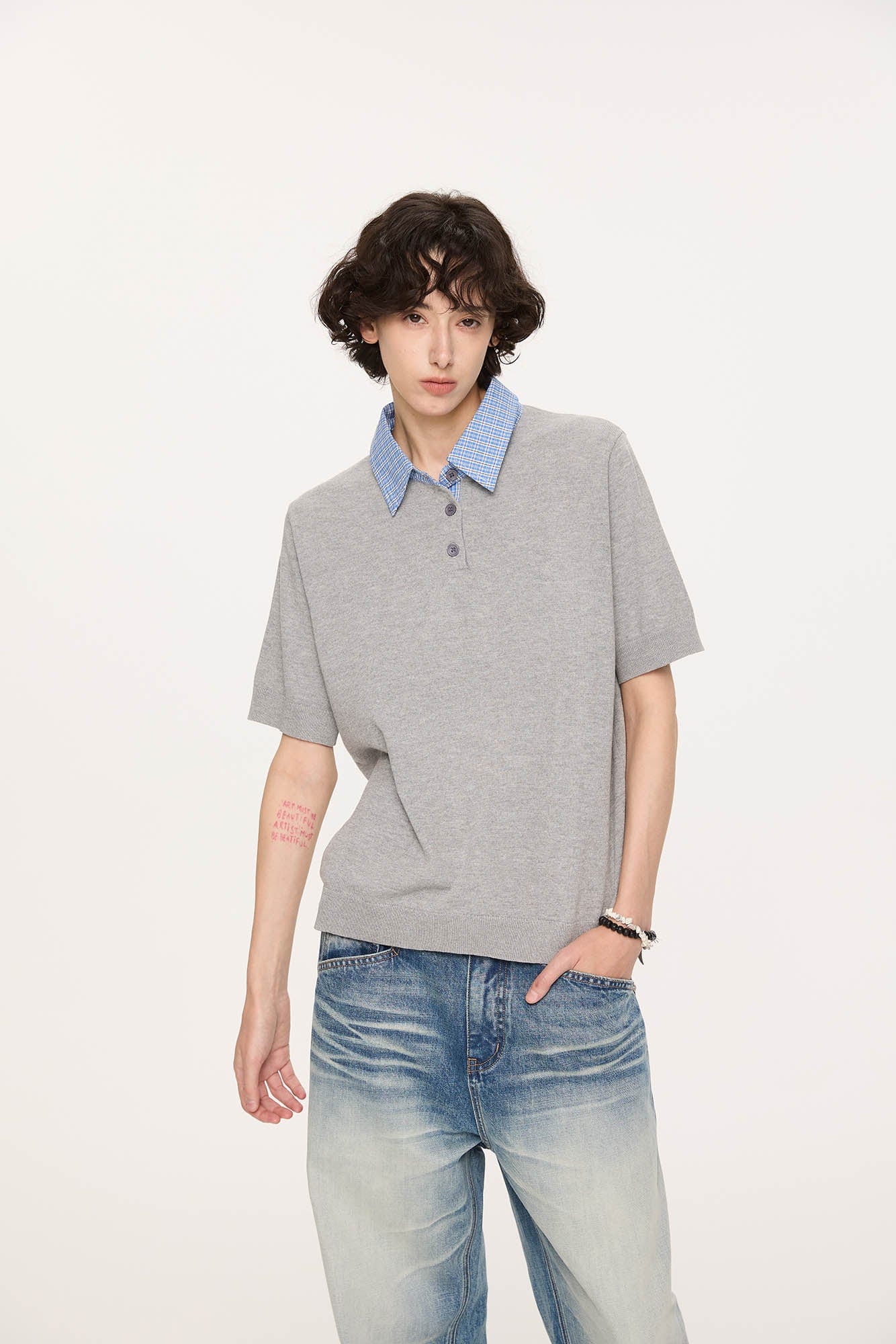 KREATE Preppy Spliced Plaid Collar Knit Polo