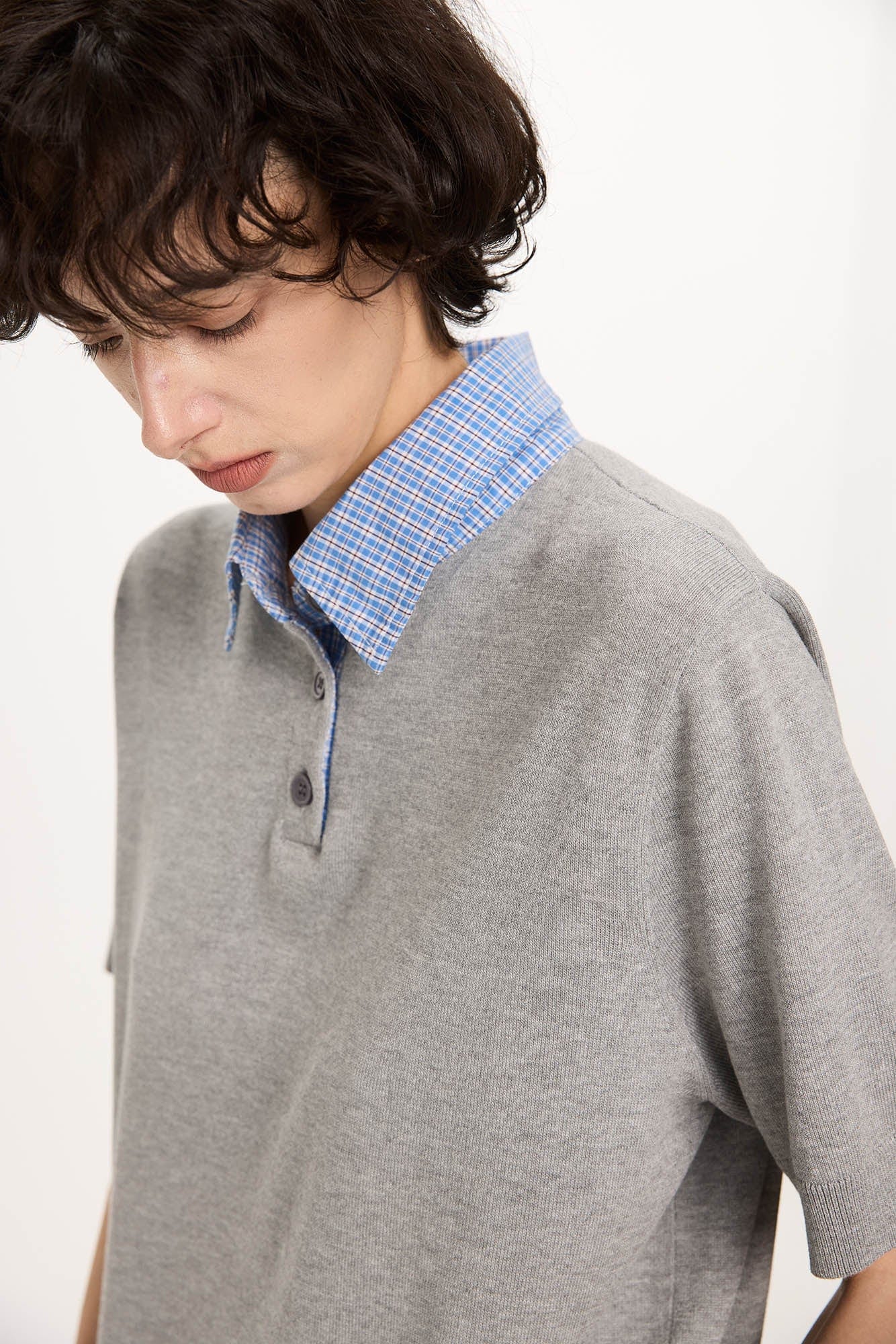 KREATE Preppy Spliced Plaid Collar Knit Polo