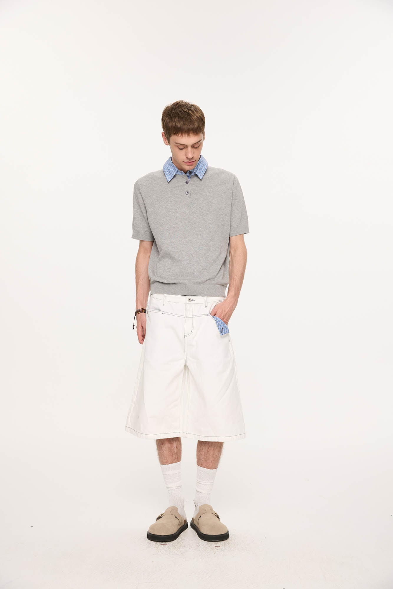 KREATE Preppy Spliced Plaid Collar Knit Polo