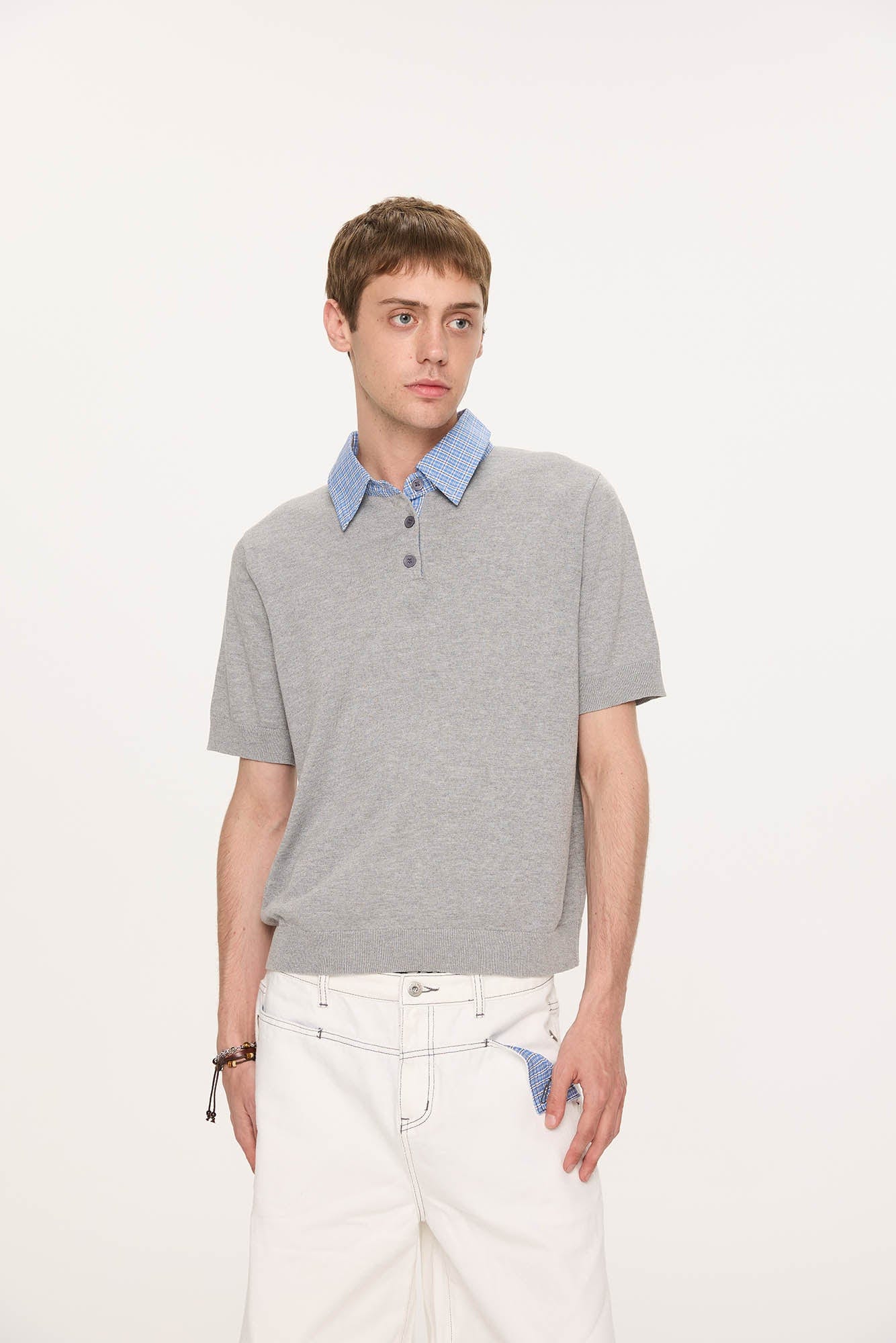 KREATE Preppy Spliced Plaid Collar Knit Polo