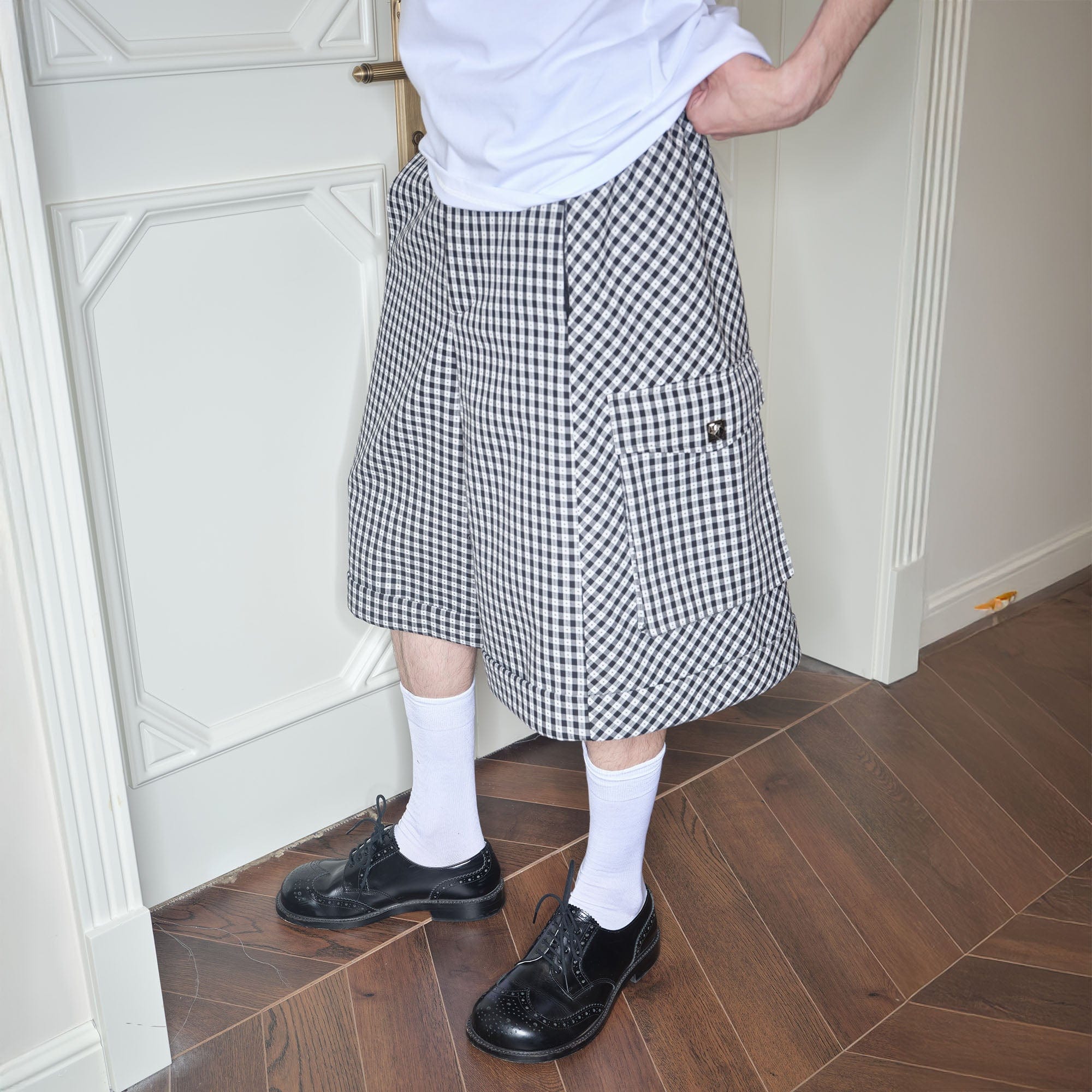 SOURPLUM Retro Gingham Spliced Oversized Shorts