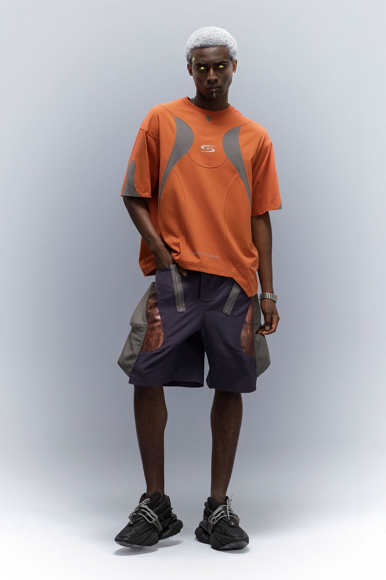 XIPHEVIL Snake Skin Contrast Panel Multi-Pocket Shorts
