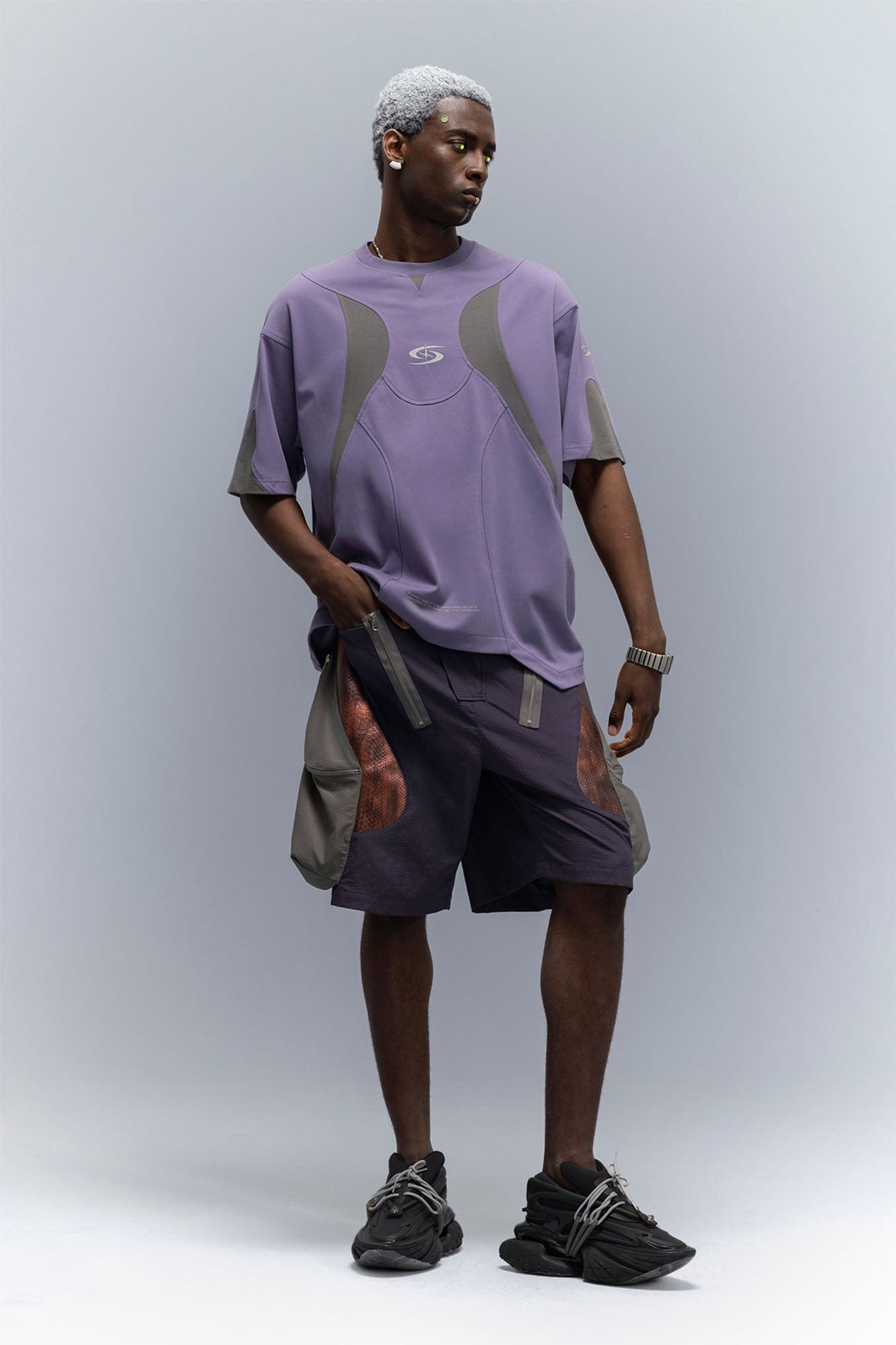 XIPHEVIL Snake Skin Contrast Panel Multi-Pocket Shorts