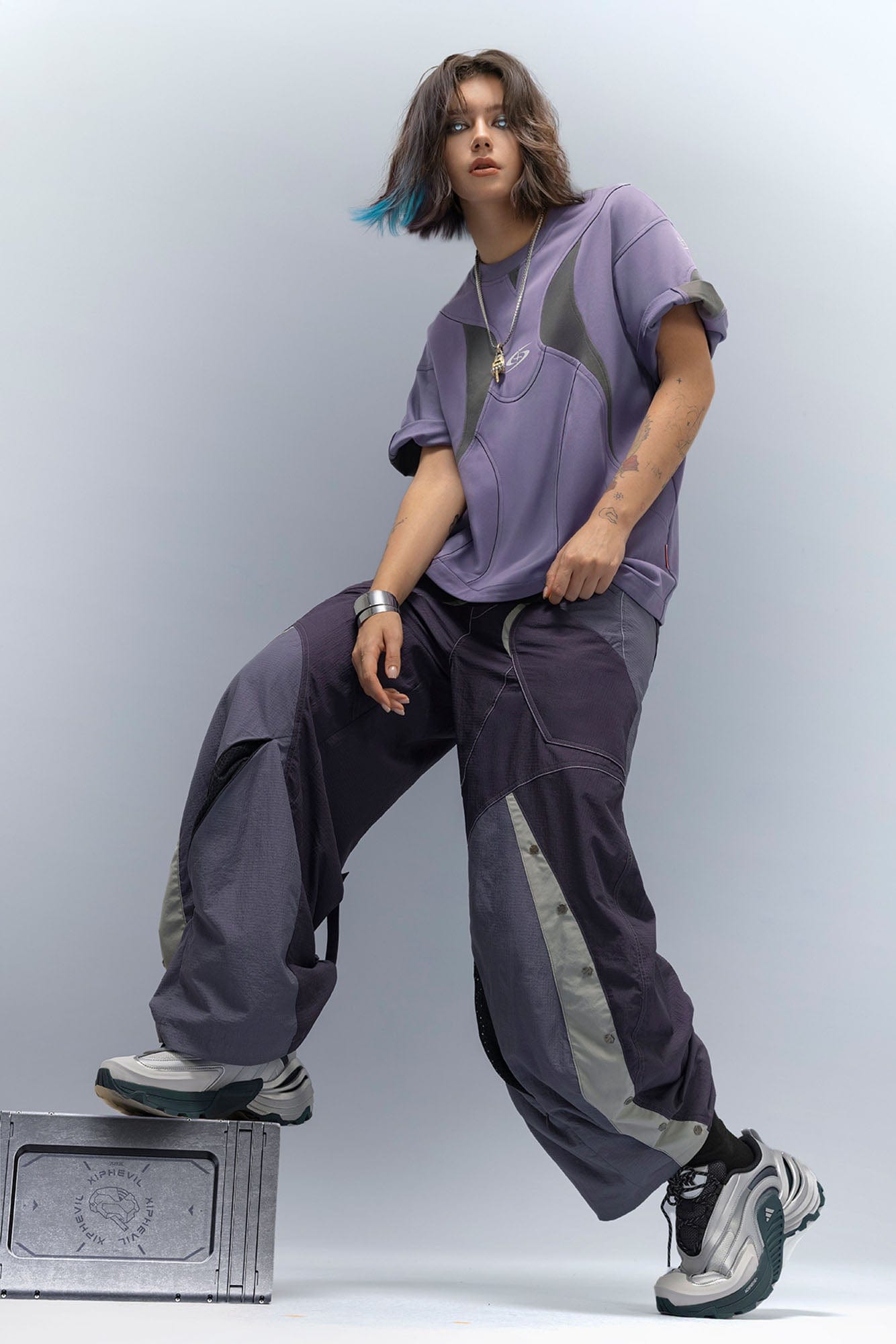 XIPHEVIL Deconstructed Contrast Panel Utility Curved Pants