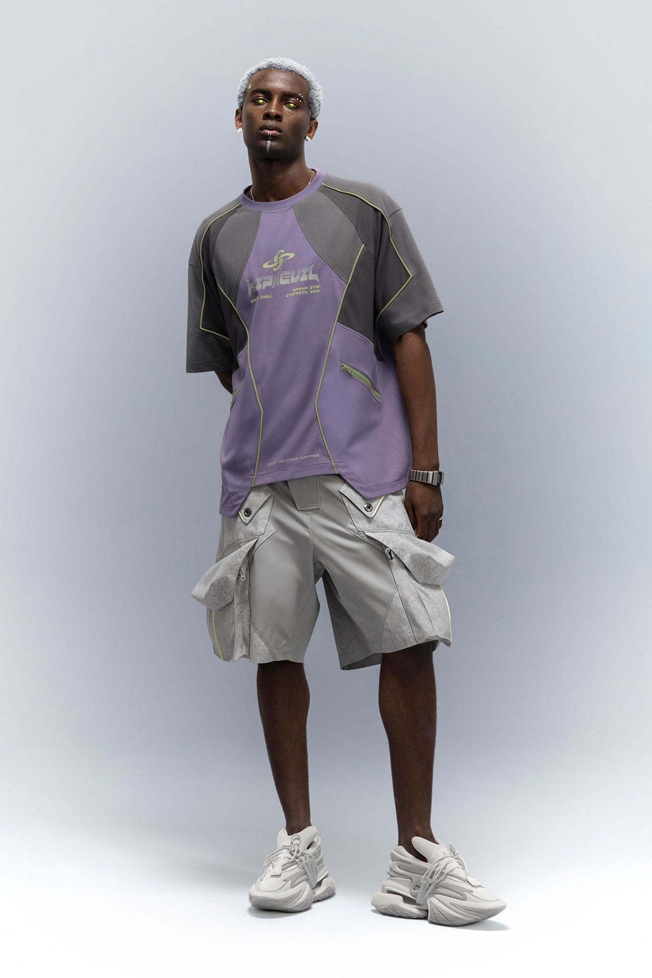 XIPHEVIL Washed Contrast Panel Pocket Utility Shorts Gray