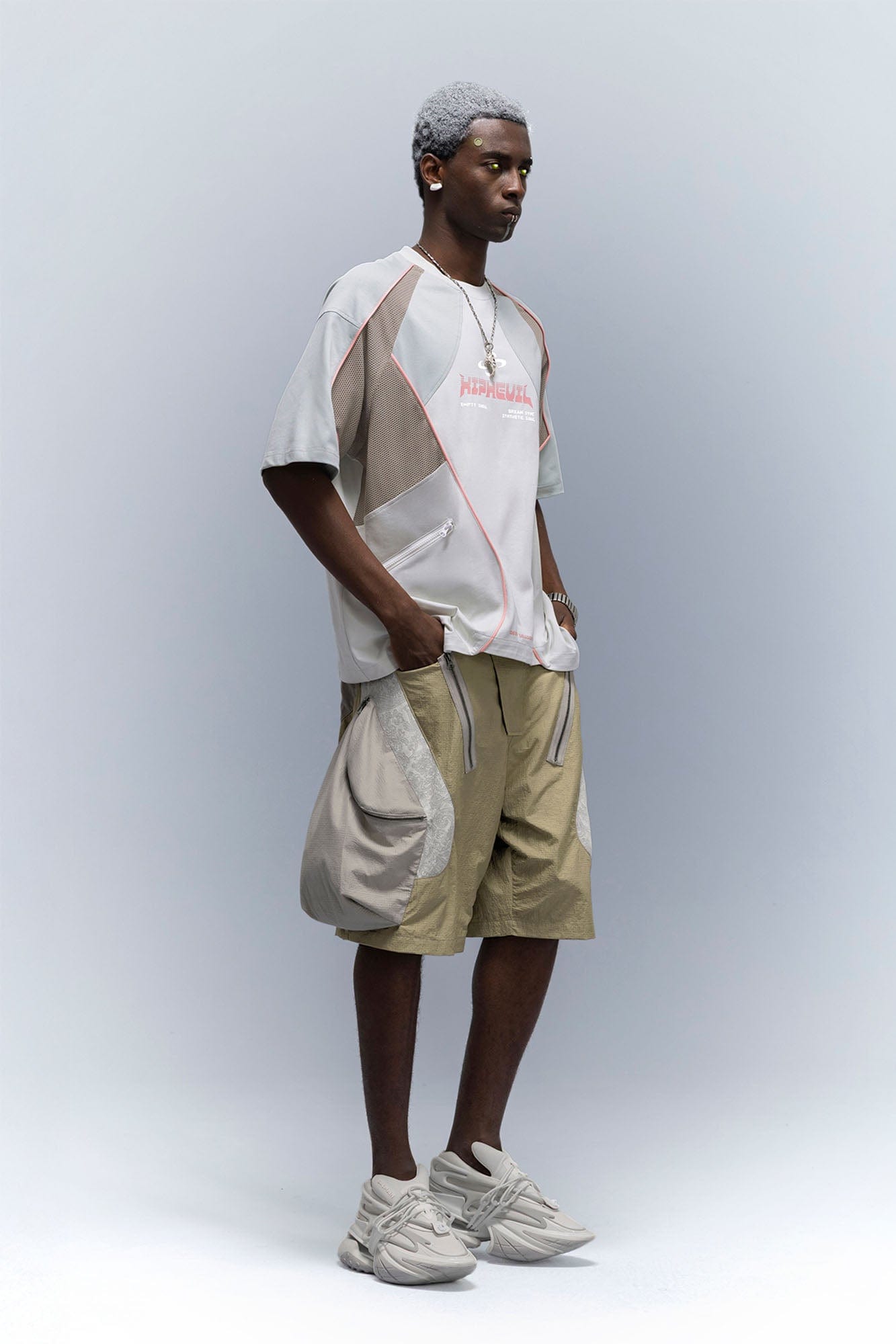 XIPHEVIL Snake Skin Contrast Panel Multi-Pocket Shorts