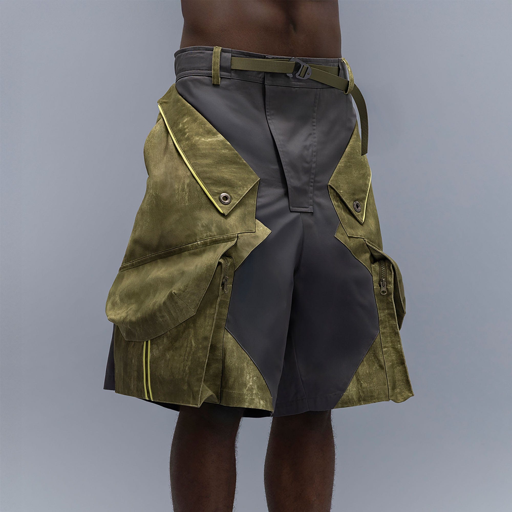 XIPHEVIL Washed Contrast Panel Pocket Utility Shorts Green