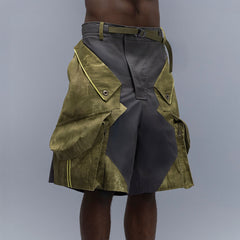 XIPHEVIL Washed Contrast Panel Pocket Utility Shorts Green