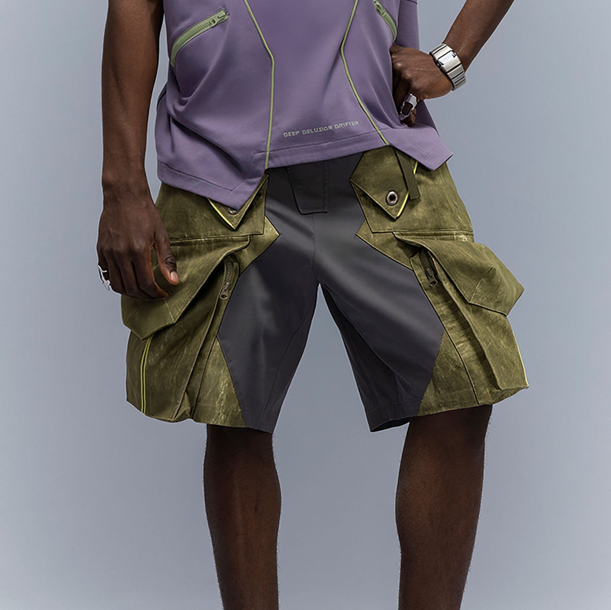 XIPHEVIL Washed Contrast Panel Pocket Utility Shorts Green
