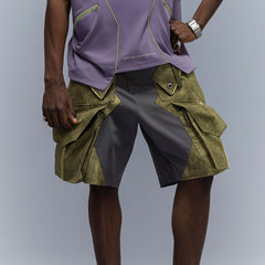 XIPHEVIL Washed Contrast Panel Pocket Utility Shorts Green