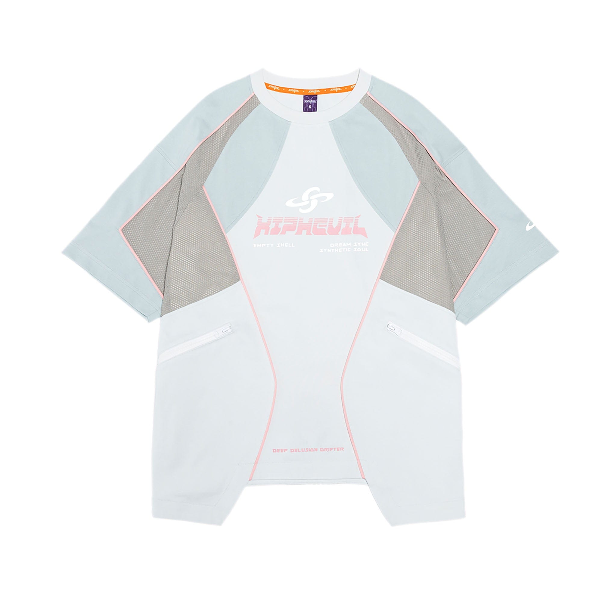 XIPHEVIL Contrast Paneled Mesh Zip-Pocket Raglan T-Shirt Ice