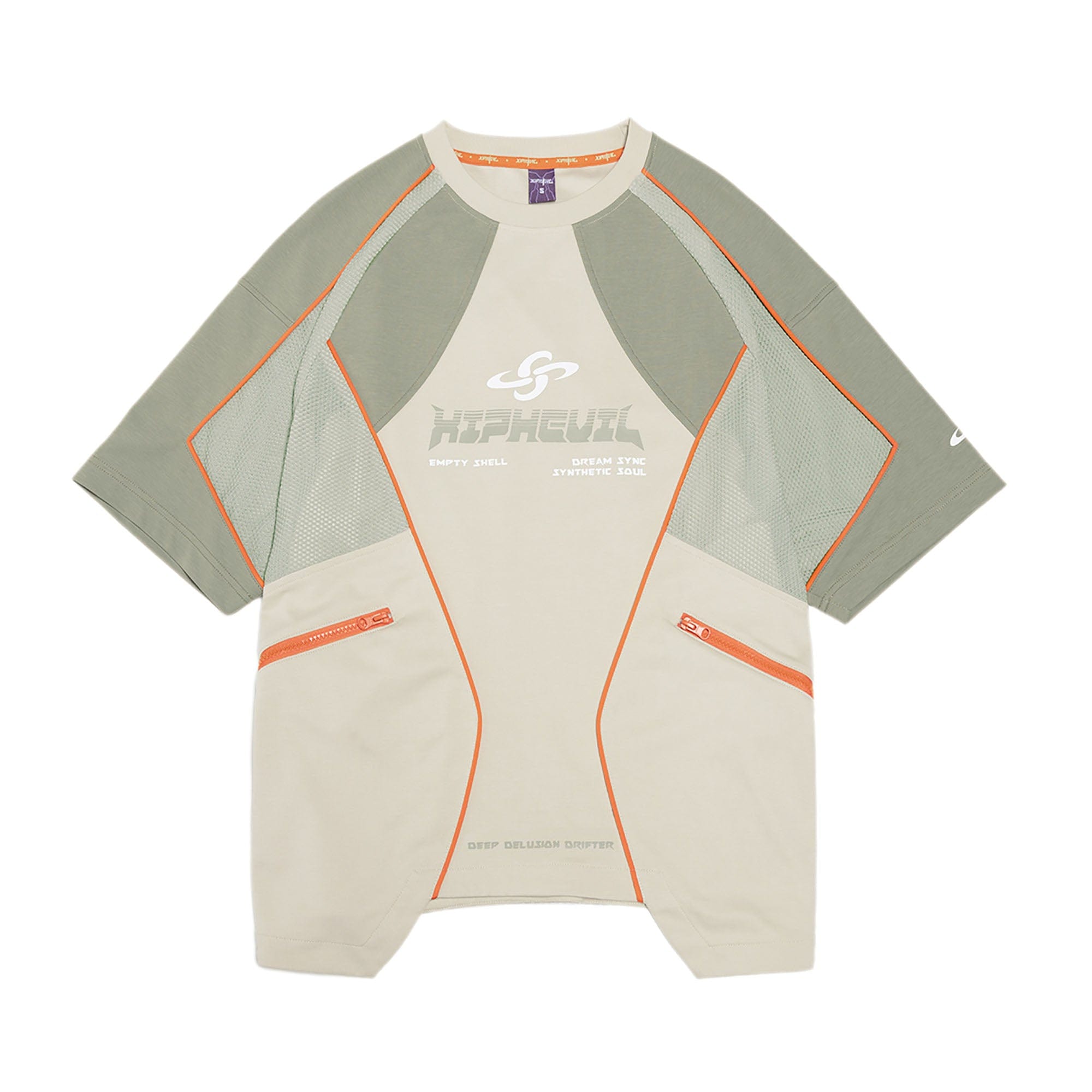 XIPHEVIL Contrast Paneled Mesh Zip-Pocket Raglan T-Shirt Sand